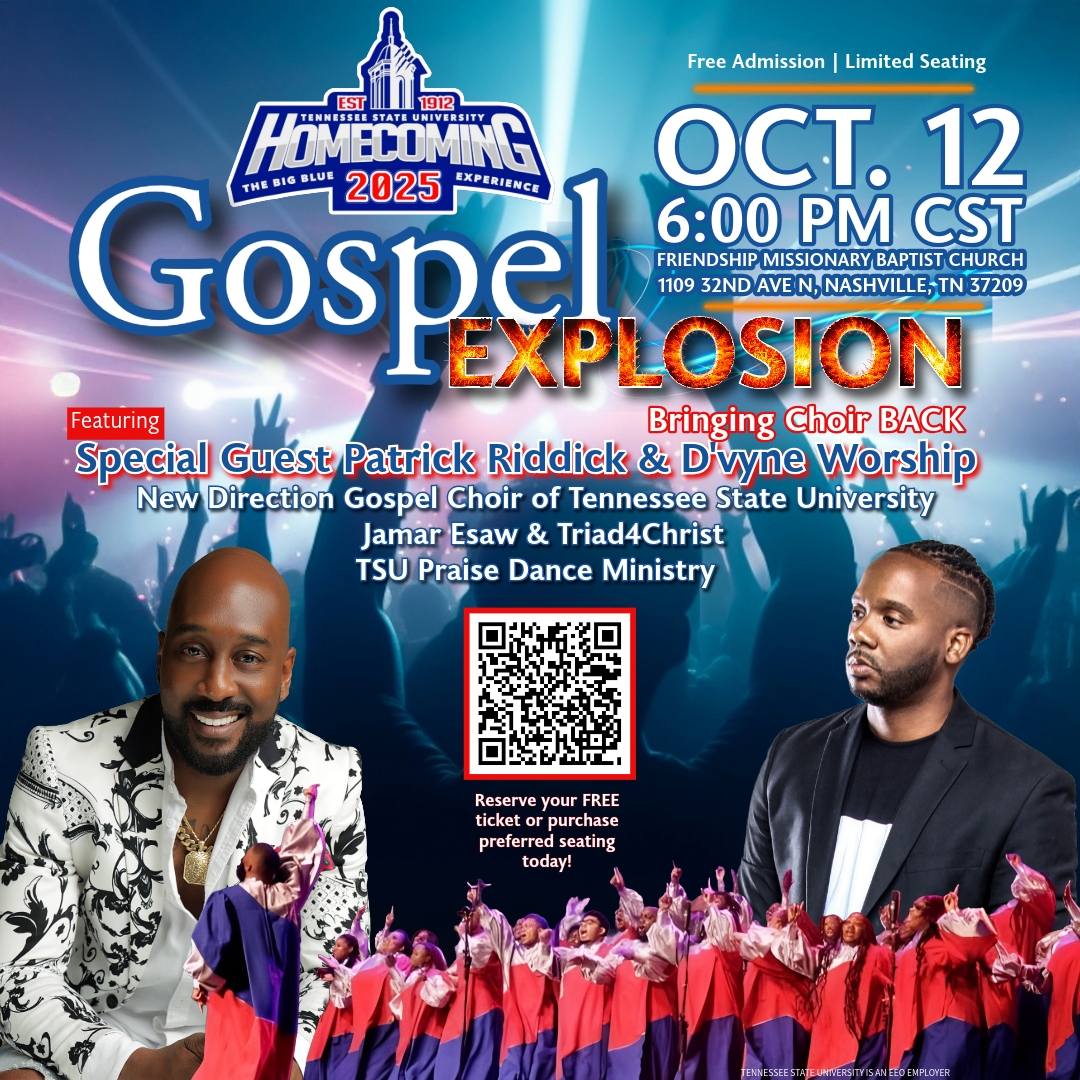 It's the final countdown! ๐๏ธ Only 7 DAYS until the Tennessee State University Homecoming Gospel Explosion! Get ready for an unforgettable night of praise and worship as we bring the choir BACK. Join us for a FREE evening of powerful music featuring special guest Patrick Riddick & D'vyne Worship, the New Direction Gospel Choir of TSU, Jamar Esaw & Triad4Christ, and the TSU Praise Dance Ministry.
๐
Date: October 12, 2025
โฐ Time: 6:00 PM CST
๐ Location: Friendship Missionary Baptist Church, Nashville, TN
Admission is free, but seating is limited! Reserve your spot today by scanning the QR code or visiting the link in our bio. You don't want to miss this!
#GospelExplosion2025 #TSUHomecoming #TheBigBlueExperience #PatrickRiddick #NewDirectionGospelChoir #GospelMusic #NashvilleEvents #TSUPraiseDance #JamarEsaw #Triad4Christ #BringingChoirBack