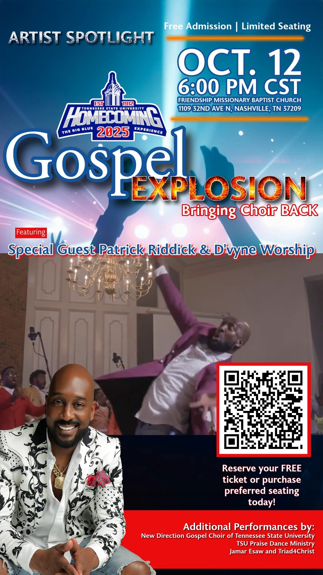 Get ready! ๐ฅ In just 6 DAYS, our special guest Patrick Riddick will be bringing his incredible energy and anointing to the TSU Homecoming Gospel Explosion! You've seen the videos, now experience the worship LIVE.
Don't miss this powerful night of praise. Admission is FREE, but seats are limited. Reserve yours today via the link in our bio! @patrickriddicklive
#GospelExplosion2025 #PatrickRiddick #TSUHomecoming #GospelMusic #LiveWorship #Nashville