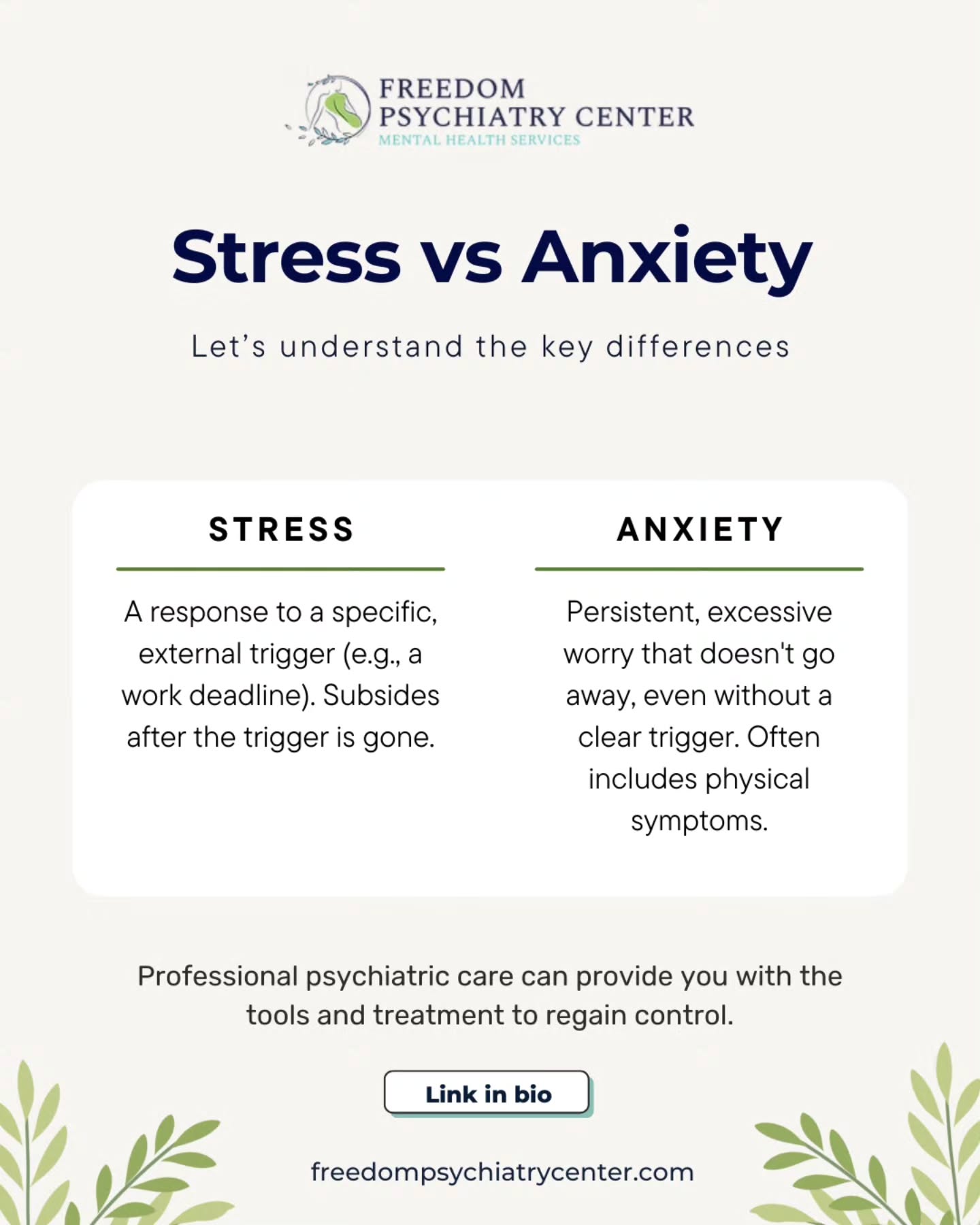 We all experience stress, but when worry becomes constant and overwhelming, it may be a sign of an anxiety disorder. Understanding the key differences is the first step toward managing your symptoms and finding relief. Professional psychiatric care can provide you with the tools and treatment to regain control.
#AnxietyDisorder #StressVsAnxiety #AnxietyRelief #MentalHealthEducation #FreedomPsychiatry #GeneralizedAnxietyDisorder #PanicAttacks #AZMentalHealth