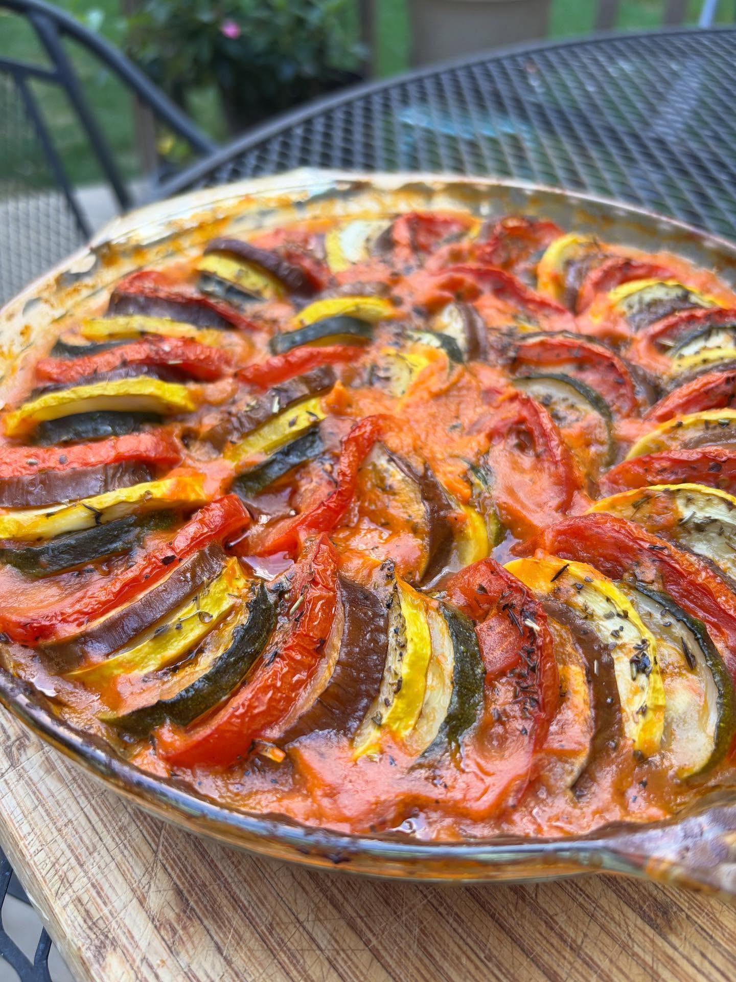 Ratatouille!!! I know most of you’ve seen the movie, but if you ever actually eaten or made it? Alex gave it a try over the weekend and it sure was delicious. Layers of squash, eggplant and tomato with a yummy red sauce, so good! And so pretty! #ratatouille #vegetarian #eggplant #squash #tomato