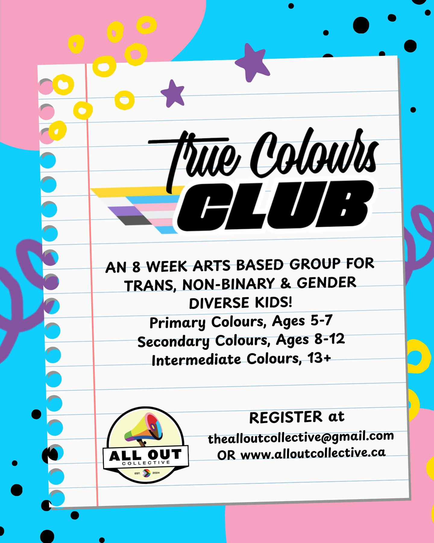 TRUE COLOURS CLUB!
As the need grows, so do we! Our fall True Colours Club is expanding to include trans, non-binary & gender diverse kids ages 5-7, 8-11 and 12+ in our 8 week program!
The TRUE COLOURS CLUB is an arts-based, social work supported program that focuses on expression, creativity, self confidence, and community building! Facilitated by queer & trans community members, we also recognize the importance of representation, role models & instilling hope!
In addition, a parent group runs separately at the same time to allow families to find support, learn advocacy & build their own communities!
If you have a gender diverse kid 5+, reach out via email or DM us for more information and registration details!
#protecttranskids #transisbeautiful #genderdiversekids #communityiseverything