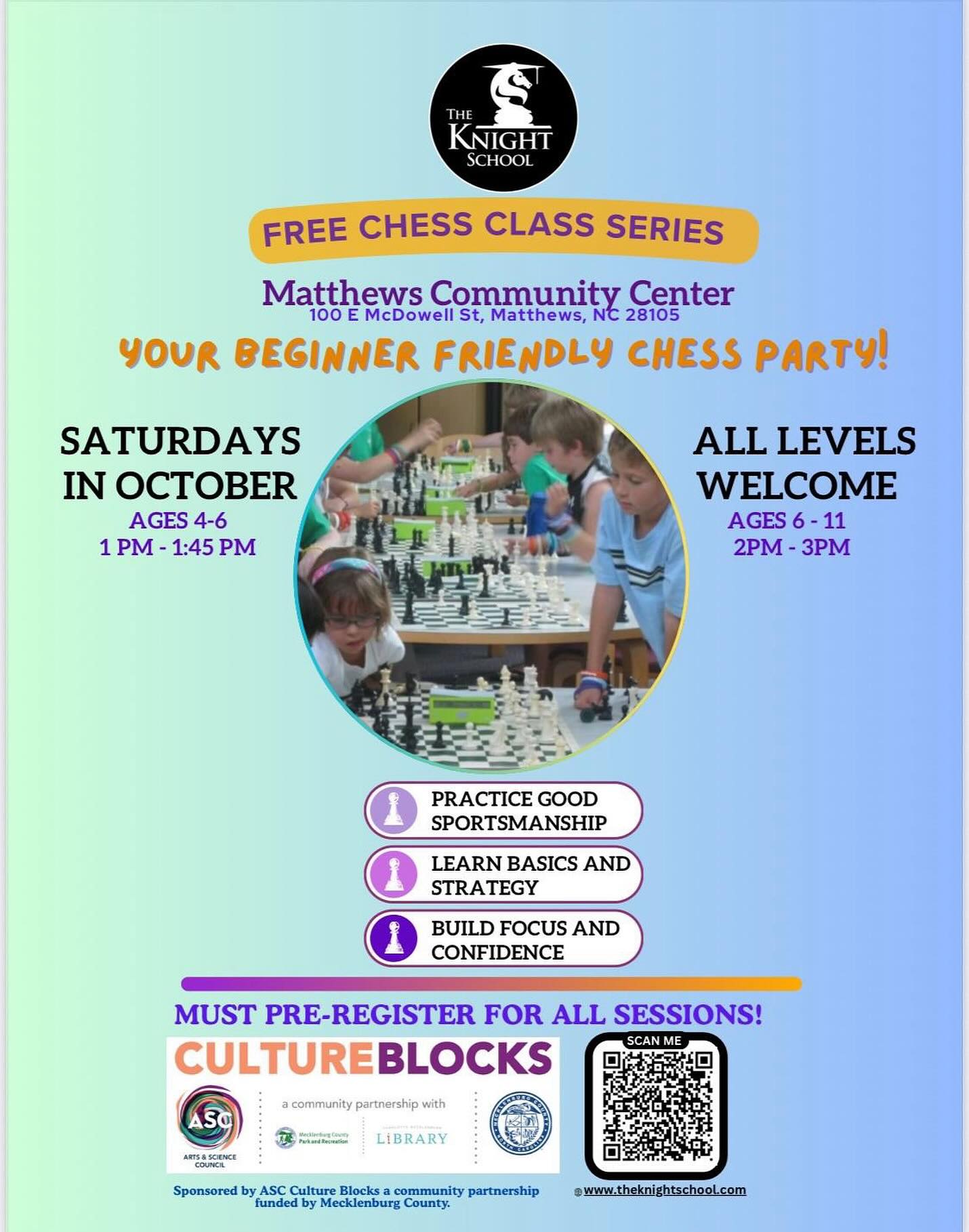 FREE fun + chess = the perfect Saturday combo! ♟️
Our incredible community partner, @theknightschool.soclt , is offering this FREE chess series this October thanks to the Arts & Science Council’s Culture Blocks Program and Charlotte Mecklenburg Libraries!
Led by the amazing Coach Dee, kids will learn, laugh, and build confidence while mastering the game — all in a high-energy, fun-filled environment.
📍 Matthews Community Center
🗓 Saturdays in October | 1:00–1:45 PM
✅ Spots go fast — register now!