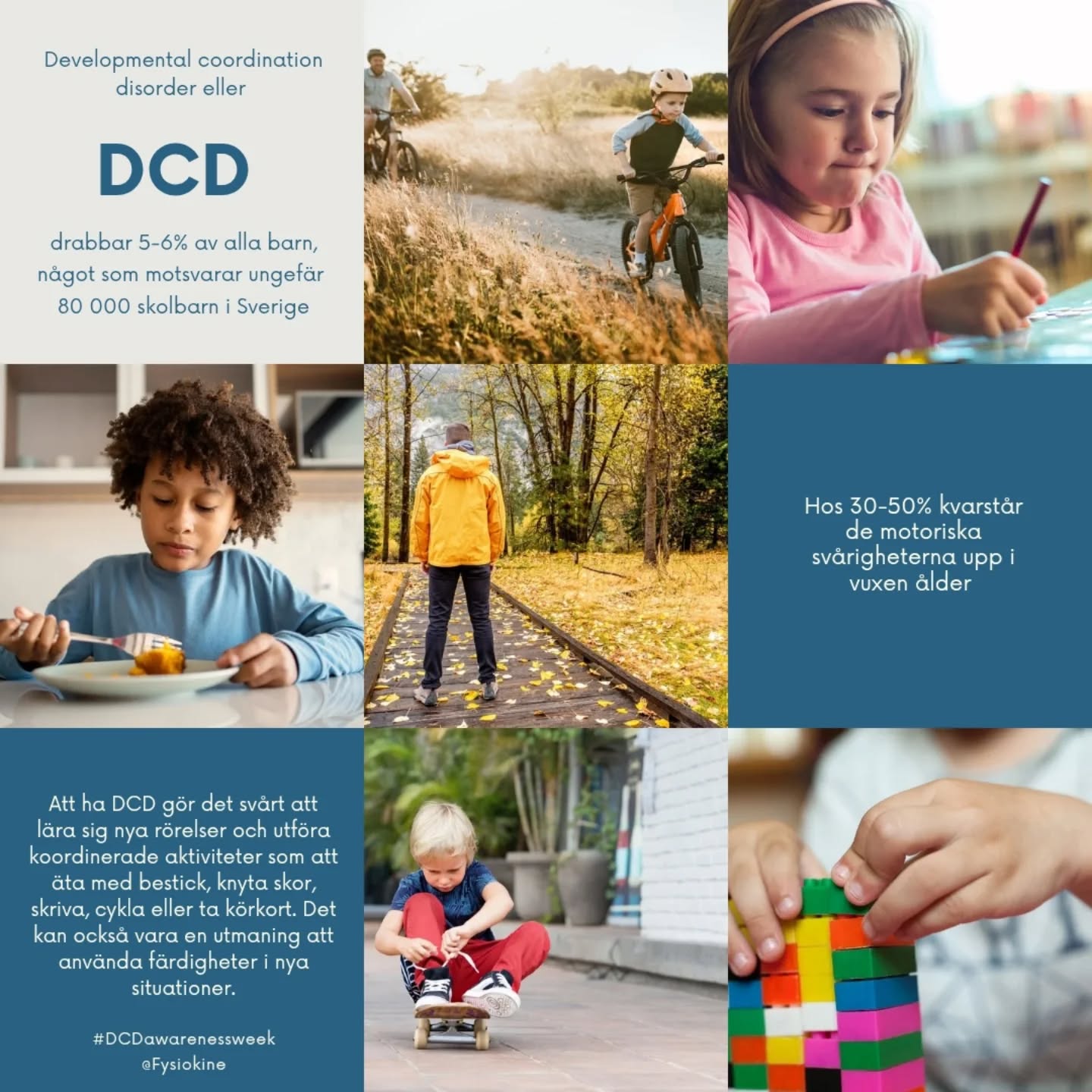 💡 Developmental Coordination Disorder (DCD) är en kronisk motorisk funktionsnedsättning som drabbar 5–6% av alla barn, vilket motsvarar ungefär 80 000 skolbarn i Sverige.
🚴♂️DCD innebär svårigheter med motoriska färdigheter som att skriva, äta med bestick, knyta skosnören, bygga lego, simma eller cykla. Personer med DCD kan ofta uppfattas som klumpiga och kan ha svårt att lära sig nya färdigheter - oavsett hur mycket de övar.
🧠 Konsekvenserna av DCD sträcker sig långt bortom motoriska färdigheter och påverkar både den fysiska och psykiska hälsan. Samsjukligheten med andra neuropsykiatriska tillstånd är hög – ungefär 50% av alla med DCD har också ADHD, och av dem med ADHD har 50% DCD. Upp till 88% av barn med autism har motoriska svårigheter som motsvarar en DCD-diagnos.
Denna vecka är det #DCDawarenessweek. Hjälp oss sprida kunskap om DCD – dela gärna detta inlägg! 💛🙌
#DCD #developmentalcoordinationdisorder #DCDAwarenessWeek2025 #dcdsverige #npf #neuropsykiatri #motorik #rörelse