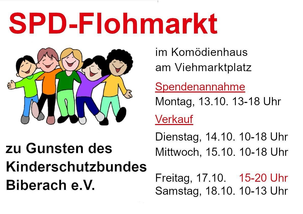 ✨🎉 Flohmarkt-Zeit in Biberach! 🎉✨
Der SPD-Ortsverband Biberach lädt euch herzlich ein zum großen SPD-Flohmarkt zugunsten des Kinderschutzbundes Biberach e.V. 💕👧🧒
📍 Komödienhaus am Viehmarktplatz
🗓️ Spendenannahme:
➡️ Montag, 13.10.2025 | 13:00 – 18:00 Uhr
🛍️ Verkauf:
➡️ Dienstag, 14.10. | 10:00 – 18:00 Uhr
➡️ Mittwoch, 15.10. | 10:00 – 18:00 Uhr
➡️ Freitag, 17.10. | 15:00 – 20:00 Uhr
➡️ Samstag, 18.10. | 10:00 – 13:00 Uhr
Von 🧷 Anstecknadel bis 👖 Hosenknopf, von ☕ Kommödchen bis 🍬 Zuckerdöschen – hier findet ihr echte Schätze! ✨
Kommt vorbei, stöbert, kauft und unterstützt damit eine gute Sache. 💪❤️ Jeder Euro hilft dem Kinderschutzbund Biberach! 🌈
#Flohmarkt #Biberach #SPD #Kinderschutzbund #GemeinsamStark #Fundstücke