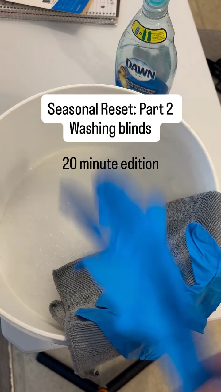 Sunday Seasonal Reset Part 2: Washing Blinds
This window is about 4 ft tall × 7 ft wide, and I finished in about 20 minutes.
Steps I follow:
1️⃣ get a bucket of hot water + Dawn soap, microfibre cloth (some people like a to use a sock) gloves optional
2️⃣ open the blinds about halfway and remove the twisty handles.
3️⃣ start at the top left corner and wipe each slat vertically, section by section, until you reach the bottom then start back at the top working your way down each section.
4️⃣ replace the twisty handles and let the blinds air dry.
5️⃣ empty the dirty water and congratulated myself on a tedious job well done.
👉 Tip: Don’t overthink it. Pick one window, give yourself 20 minutes, and just start. The hardest part is letting go of the dread.
Are you joining me on this seasonal cleaning reset? Tell me what you plan to do and by when? 😃#cleaningtogether #seasonschange