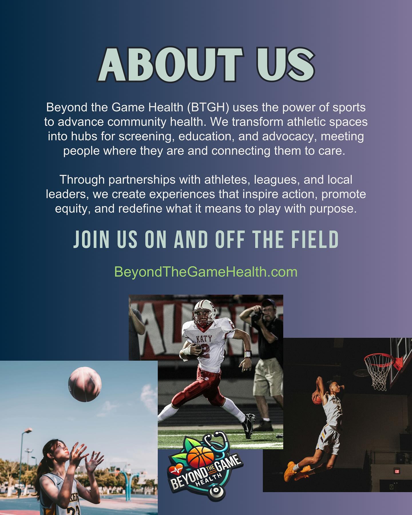 Sports bring people together! We curate events and programs to blend sports and health to educate, connect, and empower communities.
Beyond the Game Health transforms athletic spaces into hubs for health, connection, and advocacy because community wellness should be as accessible as the game itself. 💪🏾
Learn more at the link in bio. Make sure to follow us and stay tuned for events coming soon! 👀
#BeyondTheGameHealth #Sports #Health #Wellness #Community