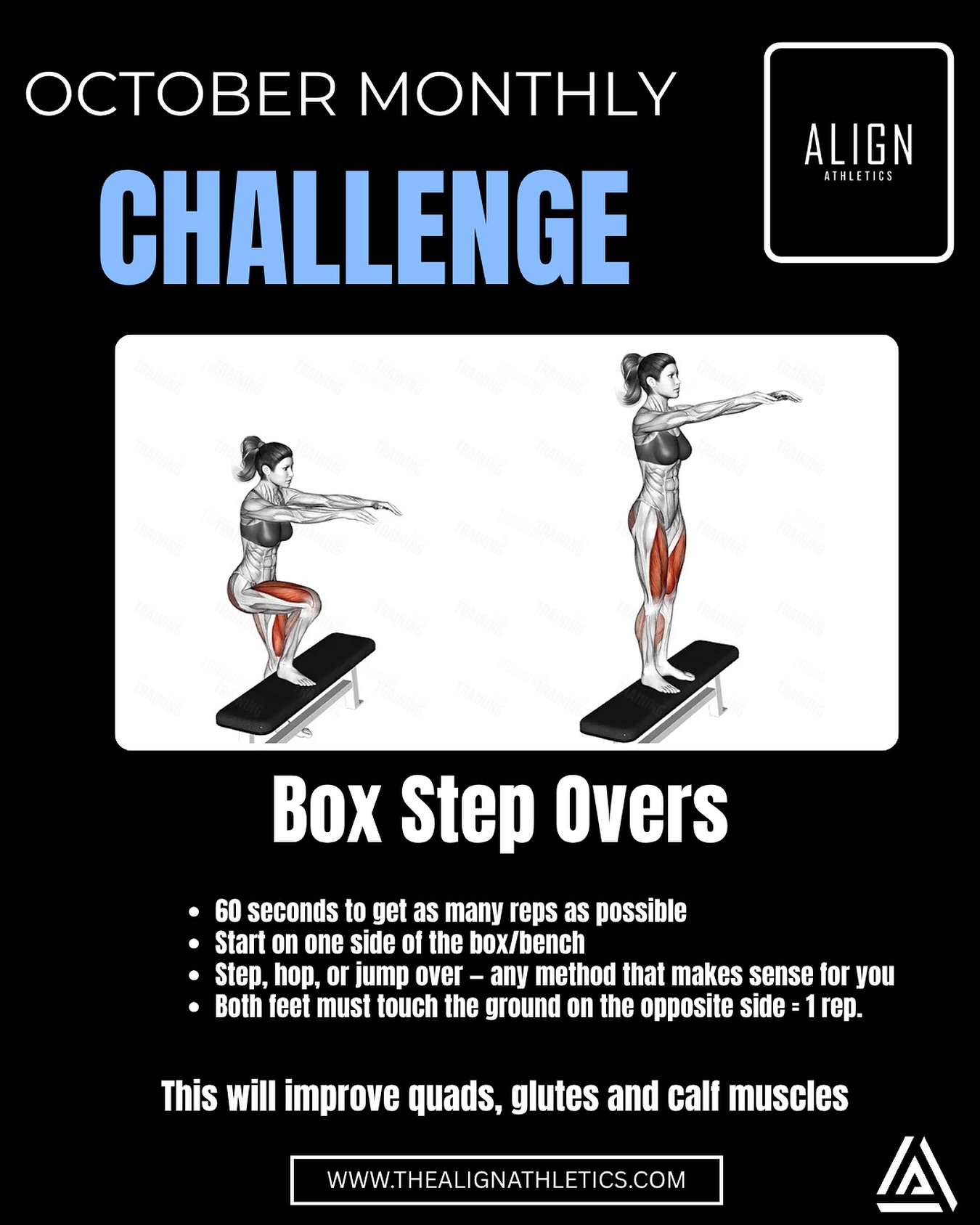 OCTOBER CHALLENGE: BOX STEP OVERS
60 seconds. Max reps.
Step, hop, or jump. Both feet touch = 1 rep.
Stronger legs start here.
#thealignathletics #boxstepovers #fitnesschallenge #cypresstx #tomballtx #groupfitness #strengthtraining #legday #alignathletics #communitystrong #fitfam #texasgym #athletelife #trainhard