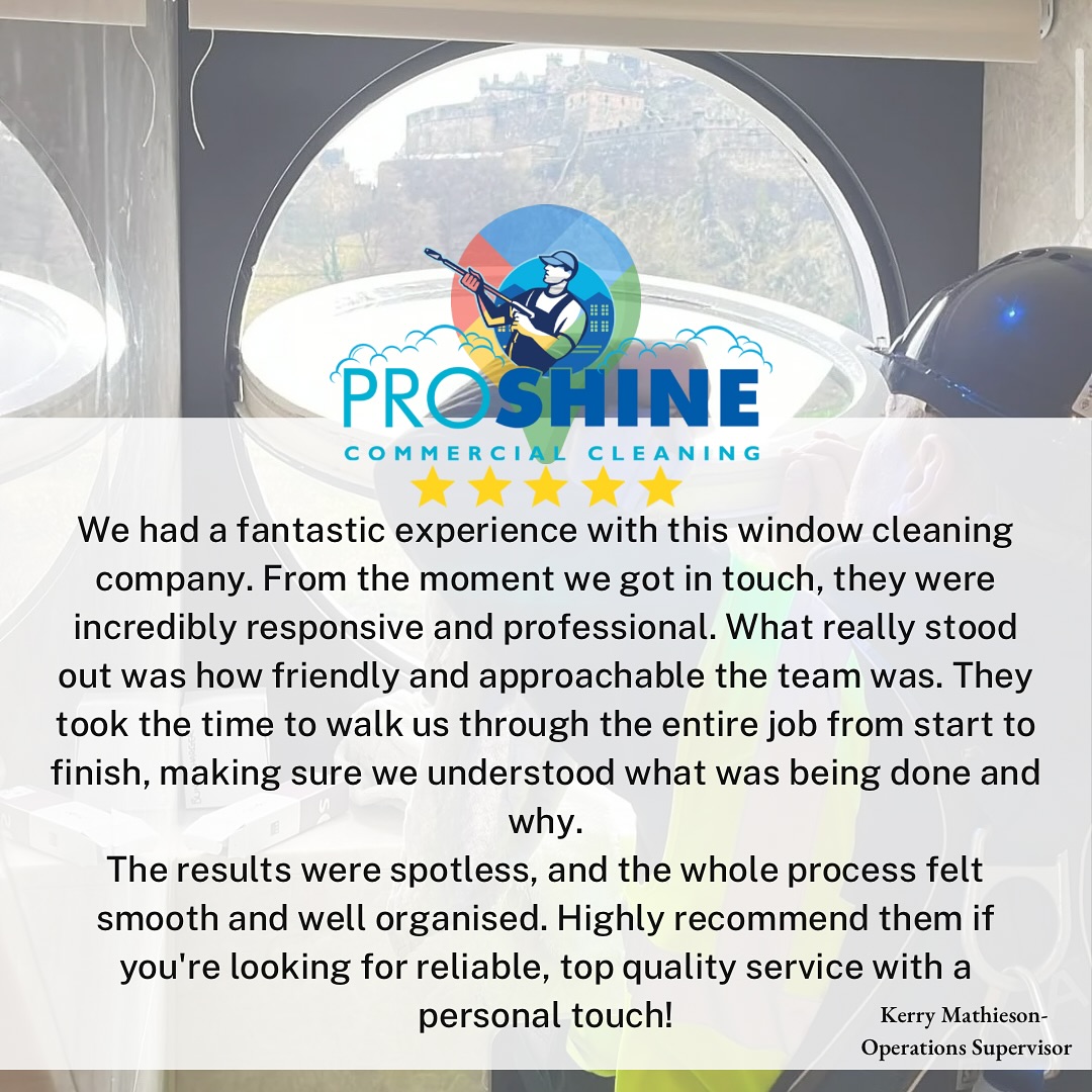 Another glowing review from one of our incredible clients 🌟
From venues with castle views to iconic city buildings, ProShine Commercial Cleaning is proud to bring out the best in every space. We know how important first impressions are and we make sure yours shines.
Love hearing from our clients, thank you for choosing ProShine!
✨ Get in touch today for a cleaning service that matches your view.