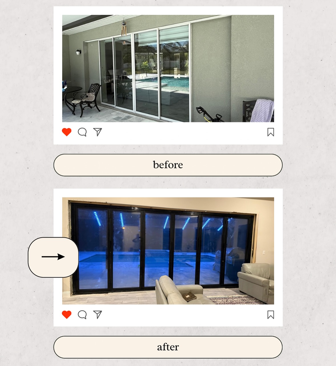 A space built for family gatherings, summer nights, and unforgettable memories.
We replaced the old sliding door with a larger, premium aluminum bifold system and just like that, the living room now opens completely to the pool.