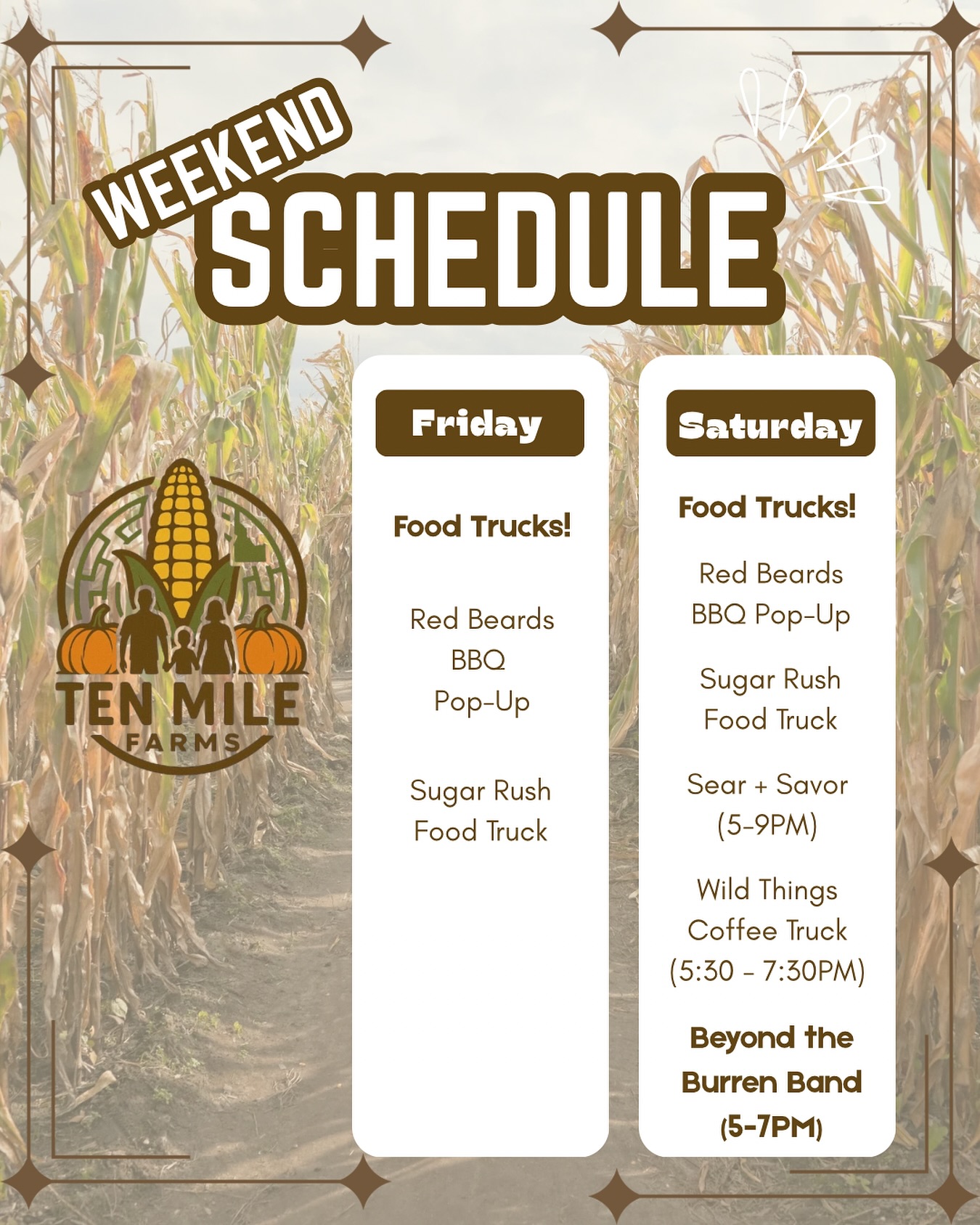 ๐๐ถ Maze runs, pumpkin hunts, and the best kind of pit stopsโฆ FOOD TRUCKS! ๐โจ
This weekend, fuel your fall fun with delicious eats while you wander the patch and get lost in the corn. ๐ฝ๐
Bring the fam, bring your friends, and bring your appetiteโbecause fall tastes better at Ten Mile Farms. ๐๐๐ฉ
โผ๏ธ AND weโre bringing the best kind of entertainment to you while youโre here! @beyondtheburren is bringing toe-tapping tunes and Autumn vibes to the patch with their Celtic ballads on Saturday from 5-7PM! ๐ถ๐ผ
๐ Who are you dragging to the patch with you this weekend? Tag them below and weโll see you there!
#cornmaze #pumpkinpatch๐ #hellomeridian #boise #idaho