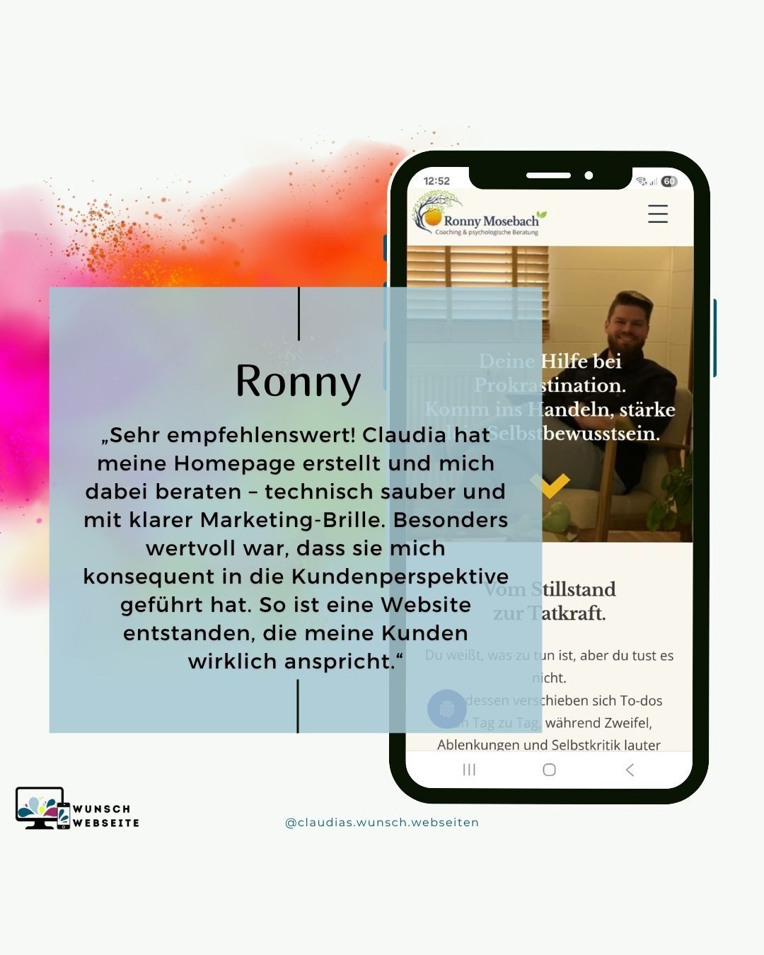 „Technisch sauber und mit klarer Marketing-Brille.“ 💡
Genau so soll Webdesign sein – nicht nur hübsch, sondern durchdacht.
Ronnys Feedback zeigt, was wirklich zählt:
👉 Klarheit in der Kommunikation
👉 Strategie hinter dem Design
👉 und ein echter Mehrwert für die Zielgruppe.
Ich begleite dich nicht einfach technisch – ich denke deine Website aus der Sicht deiner Kund:innen.
Und genau deshalb entstehen Seiten, die wirklich wirken. ✨
Bereit für deine Wunschwebseite? Dann lass uns loslegen! 💬 Schreib mir eine DM.