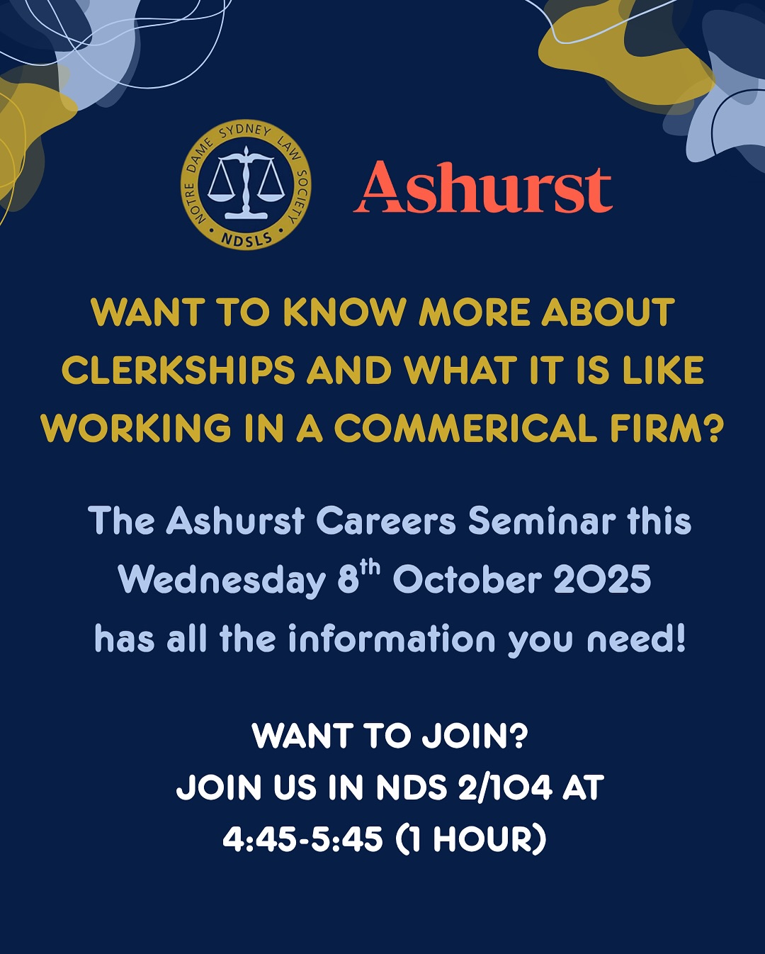Thinking about a career in commercial law? 👩🏻⚖️
Join Ashurst on Wednesday October 8, 2025 (4:45–5:45pm, NDS 2/104) for an inside look at clerkships, workplace leadership, and what it’s really like in large vs small firms ⚖️.
Hear what top employers are looking for, plus tips on navigating the recruitment process 🔑
Register your seat via the link in our bio!
We hope you can join us! 👏🏼