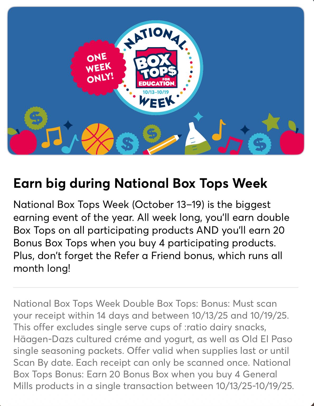 National Box Tops Week is next week!
Shoutout to first grade for the 69 box tops as of today!
We need your help second and fifth grade! 👀
Download Box Tops today to help support our school!
Current earnings: $153.80
Instagram: Link in bio
#tvepta #boxtopsforeducation