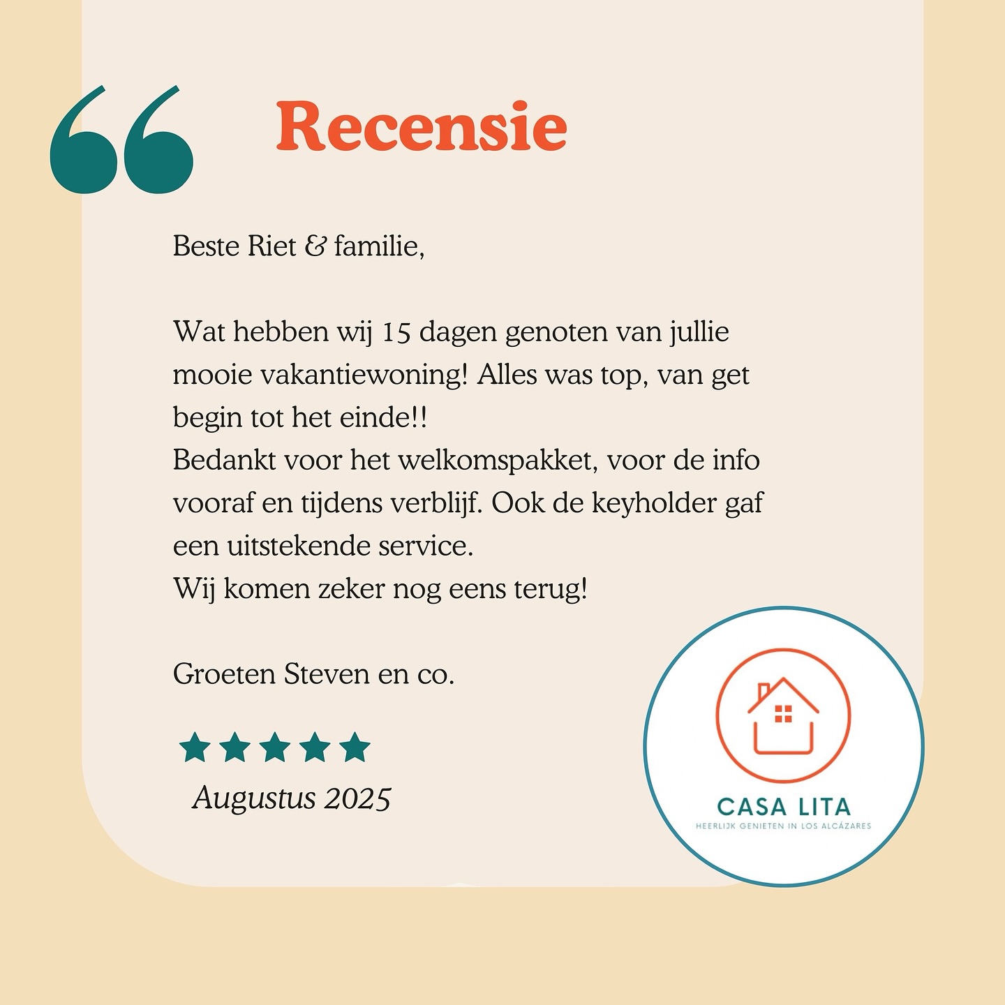 Alweer een prachtige recensie in ons gastenboek! Dankjewel Steven & co. Tot binnenkort in Casa Lita 💕
#thankfulthursday #recensie #dankjewel