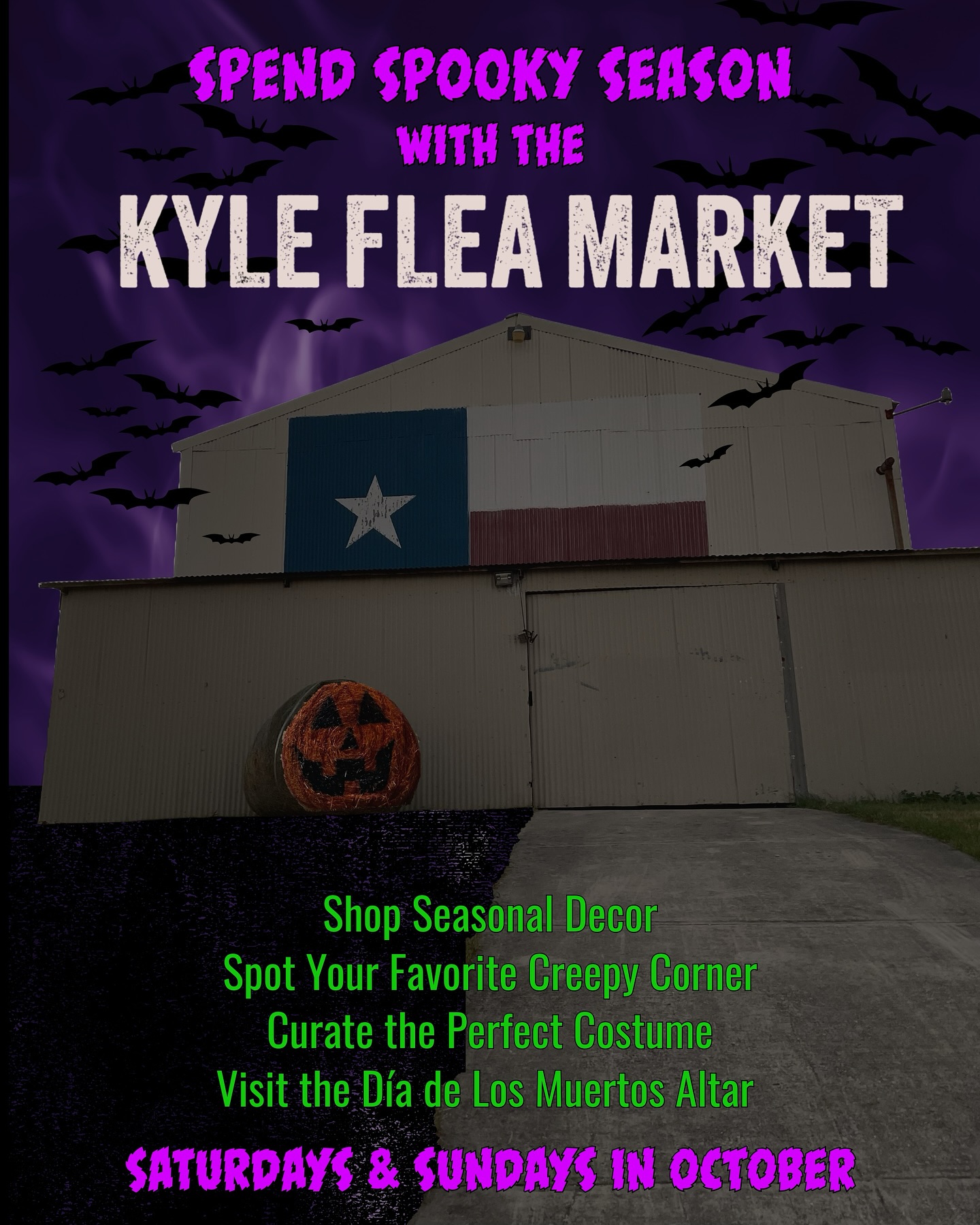 It’s our favorite time of year here at the Kyle Flea Market! SPOOKY SEASON 👻 You’ll find all the nooks and crannies decked with Halloween decor as you scavenge for the missing piece to set your costume off! As temperatures drop, soak in the season every weekend in October.