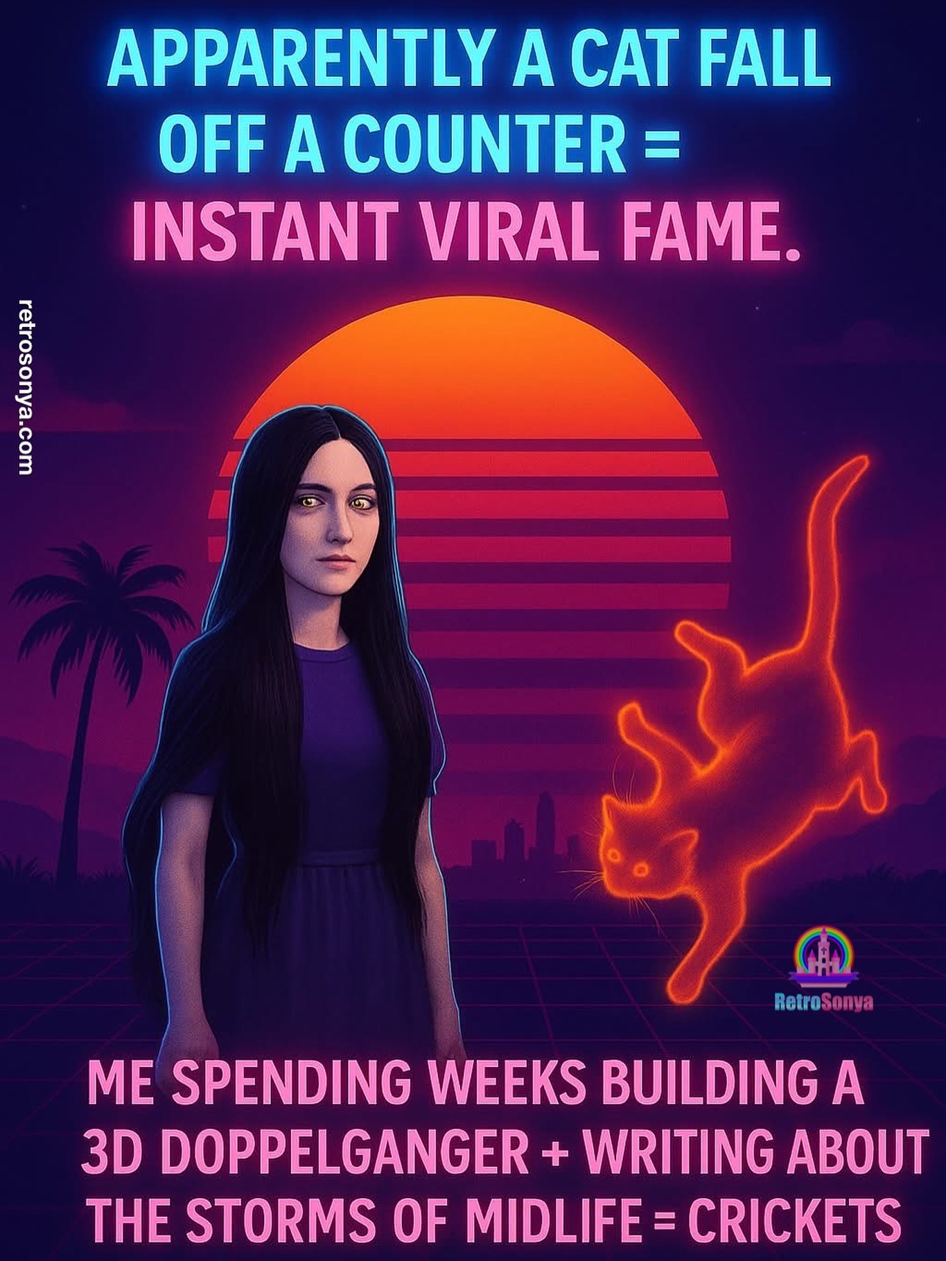 Apparently, a cat falling off a counter = instant viral fame.
Me spending weeks building a 3D doppelganger + writing about the storms of midlife = crickets.
Cool, beans! Glad we cleared up what the internet values. 😂
👆🏻But hey—at least my 3D model won’t cough up a hairball on the carpet. 🐱
Or maybe worse… seeing someone else pursuing the exact same dream getting the promotion while you’re asking yourself: “What do they think I am? Chopped liver?” 🤷🏻♀️
🌌 Not everyone will understand the vision God gave you. And that’s okay. They’re not meant to.
Favoritism belongs to people, but anointing belongs to God.
You don’t need their applause. You need His “Well done.” ✨
Stay neon-bold. Stay faithful. The vision will speak in its time.
#SynthwaveFaith #NeonVision #GodsPlanNotTheCrowd #RetroSonya #synthwave