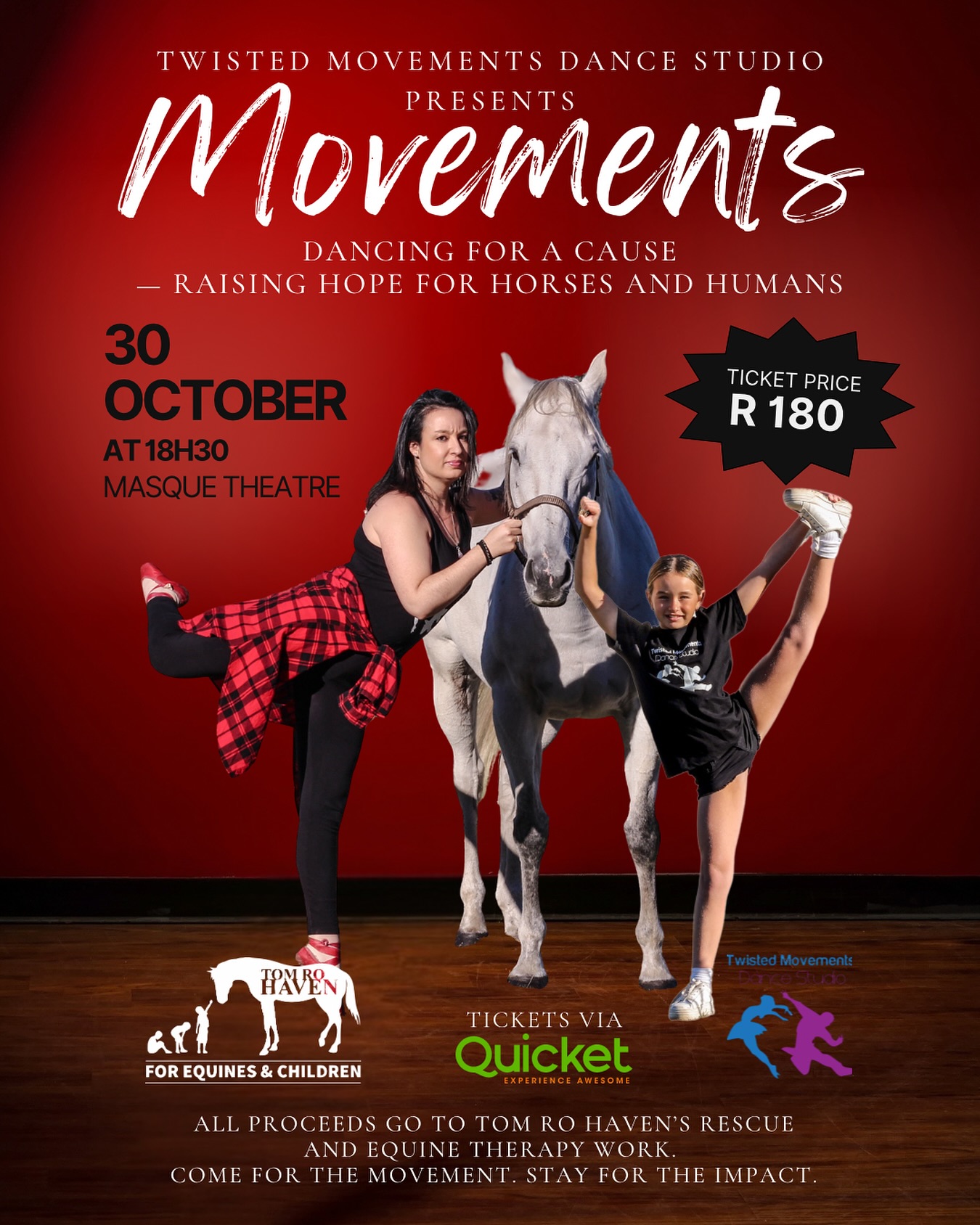 Dancing for a cause-raising hope for horses and humans.
Masque Theatre
Presented by Twisted Movements Dance Studio
Join us for MOVEMENTS, a powerful and heart-driven dance showcase where every step on stage helps transform lives beyond it.
This special evening supports Tom Ro Haven—a unique sanctuary that rescues and rehabilitates abused and neglected horses. But their mission doesn’t stop there. These once-broken animals go on to help vulnerable children and women heal from deep emotional trauma through equine-assisted therapy.
+ It’s healing in motion-for horses and humans.
Enjoy a captivating evening of dance and expression, knowing your ticket directly supports feed, care, medical treatment, and therapeutic sessions that change lives.
Thursday, 30 October 18:30
R180 - Tickets via Quicket
https://www.quicket.co.za/events/330043-movements/
Come for the movement.
Stay for the impact.
Leave with your heart full.
#MovementsShowcase #TomRoHaven
#TwistedMovementsDance #HealingThroughHorses #DanceForACause #SupportLocaINPO #CapeTownEvents #MasqueTheatre