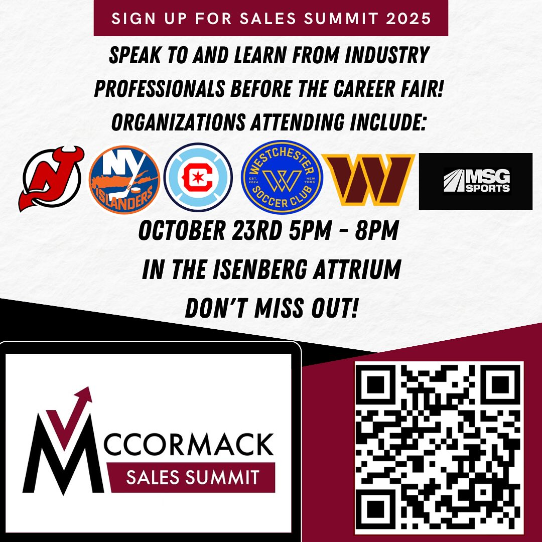 This year’s Sales Summit is being held in conjunction with the Sport Career Fair! Sign up today to learn from industry professionals the day before the career fair! Sign up using the QR code or our LinkTree!