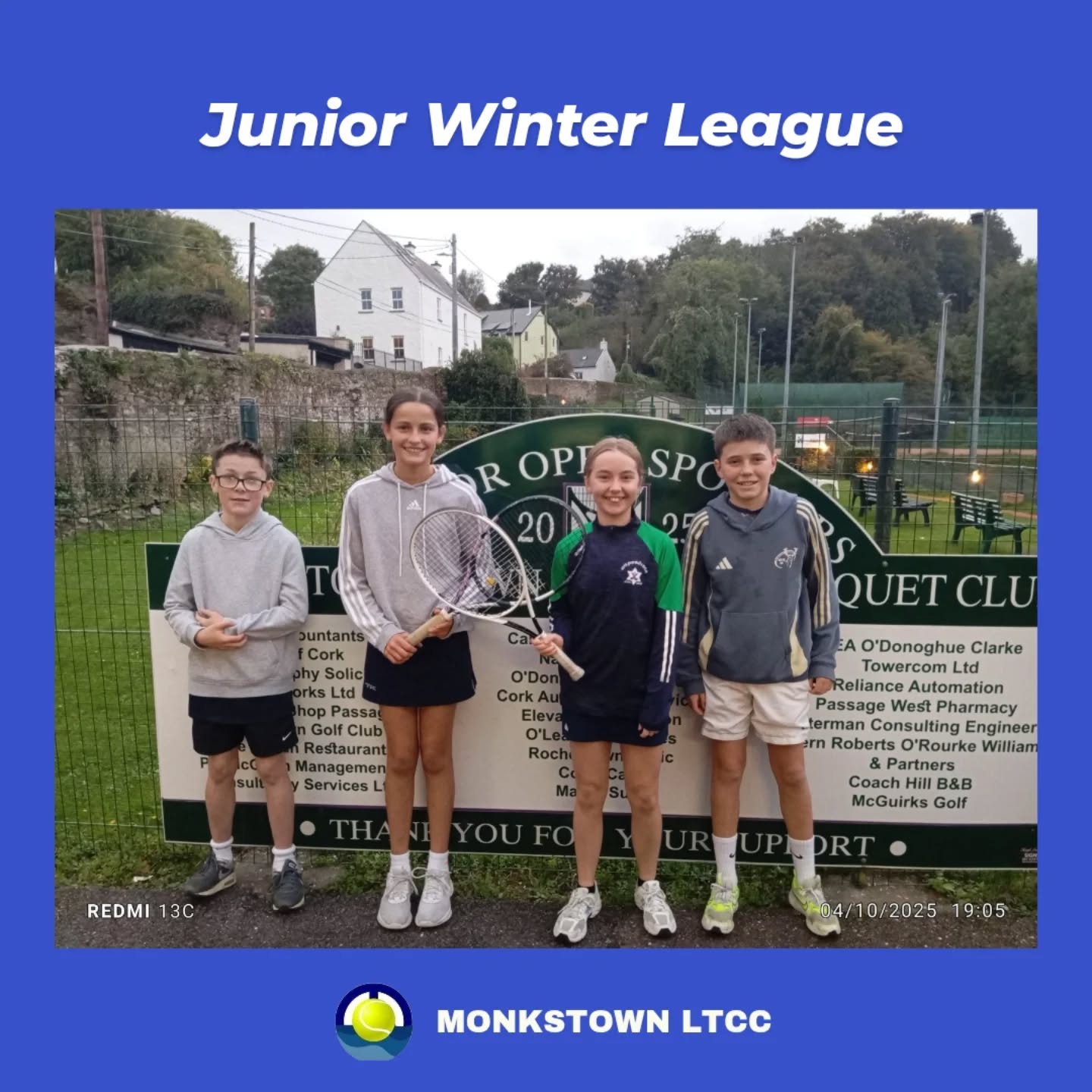 The first game of the Munster Regional Junior Winter League, U12s yellow ball, was played on Sunday. Monkstown took on Sundays well and were victorious with a 3-1 score.
Well done to the team and everyone involved. Great tennis was on show 💪