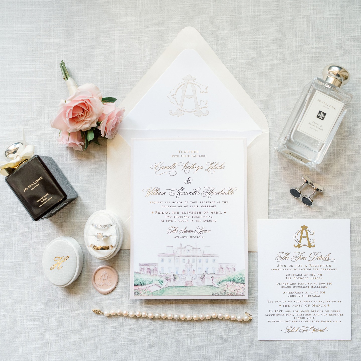 A fairytale come to life at The Swan House in Atlanta @theswanshouse
Camille and Alex’s April wedding was pure Southern romance — cascading stairs draped in blooms, golden light spilling over the gardens, and a venue that felt like a castle.
Their invitations captured every bit of that magic with soft blush layers, gold foil press, and ivory envelopes that shimmered beautifully in the spring light. Each guest’s place setting featured a personalized menu adorned with our custom watercolor painting of The Swan House ~ a design carried throughout the suite, from invitations to the bar menus to the matchboxes themselves.
Thanks to @elenijoanphotography_
Stationery & Signs: @papermuse.co
#TheSwanHouse #AtlantaWedding #LuxuryWeddingInvitations #SouthernBride #WatercolorWeddingInvitations #GoldFoilInvitations #CustomWeddingStationery #SpringWeddingInspiration #WeddingInvitations #LuxuryStationery #FineArtWedding #PaperMuseCo #WeddingDetails #CustomMenus #SignatureDrinks #BlushAndGoldWedding