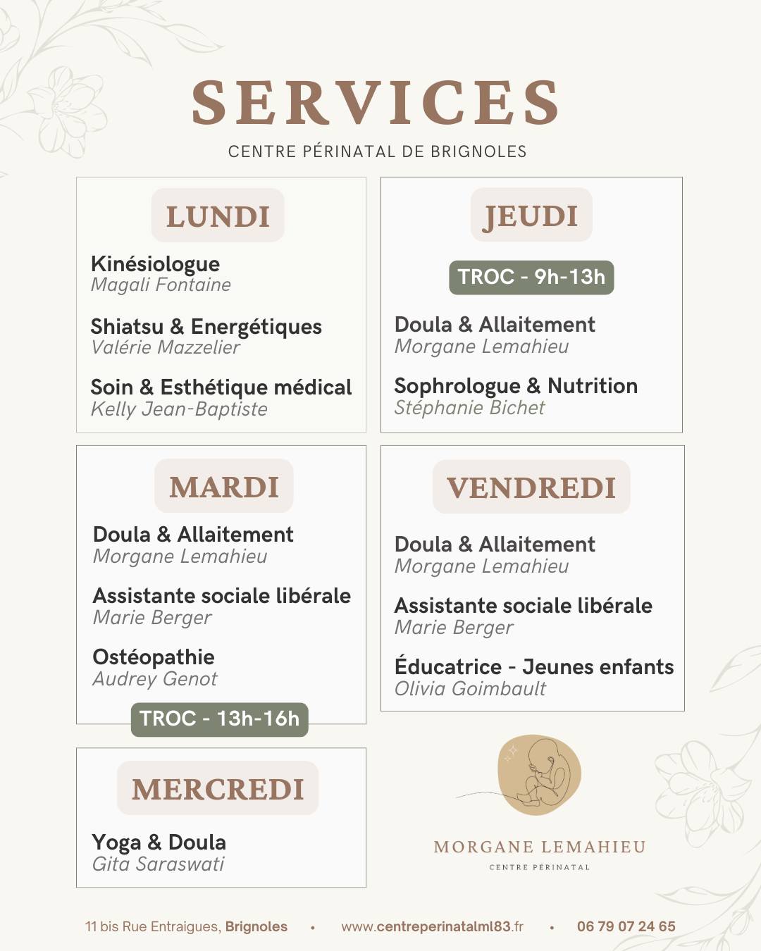 ✨ Accompagnement autour de la périnatalité et de la parentalité ✨
Au Centre Périnatal de Brignoles, une équipe pluridisciplinaire vous accueille du lundi au samedi pour répondre à vos besoins et vous soutenir dans chaque étape de votre parcours : grossesse, post-partum, allaitement, bien-être et parentalité.
🤍 Kinésiologue, Ostéopathe, Doula, Assistante sociale libérale, Sophrologue, Educatrice de jeunes enfants, Soins bien-être…
Chaque intervenante met son expertise à votre service dans un espace chaleureux et bienveillant.
📍 Retrouvez le planning hebdomadaire des interventions ci-dessous et prenez rendez-vous avec l’accompagnement qui vous correspond.