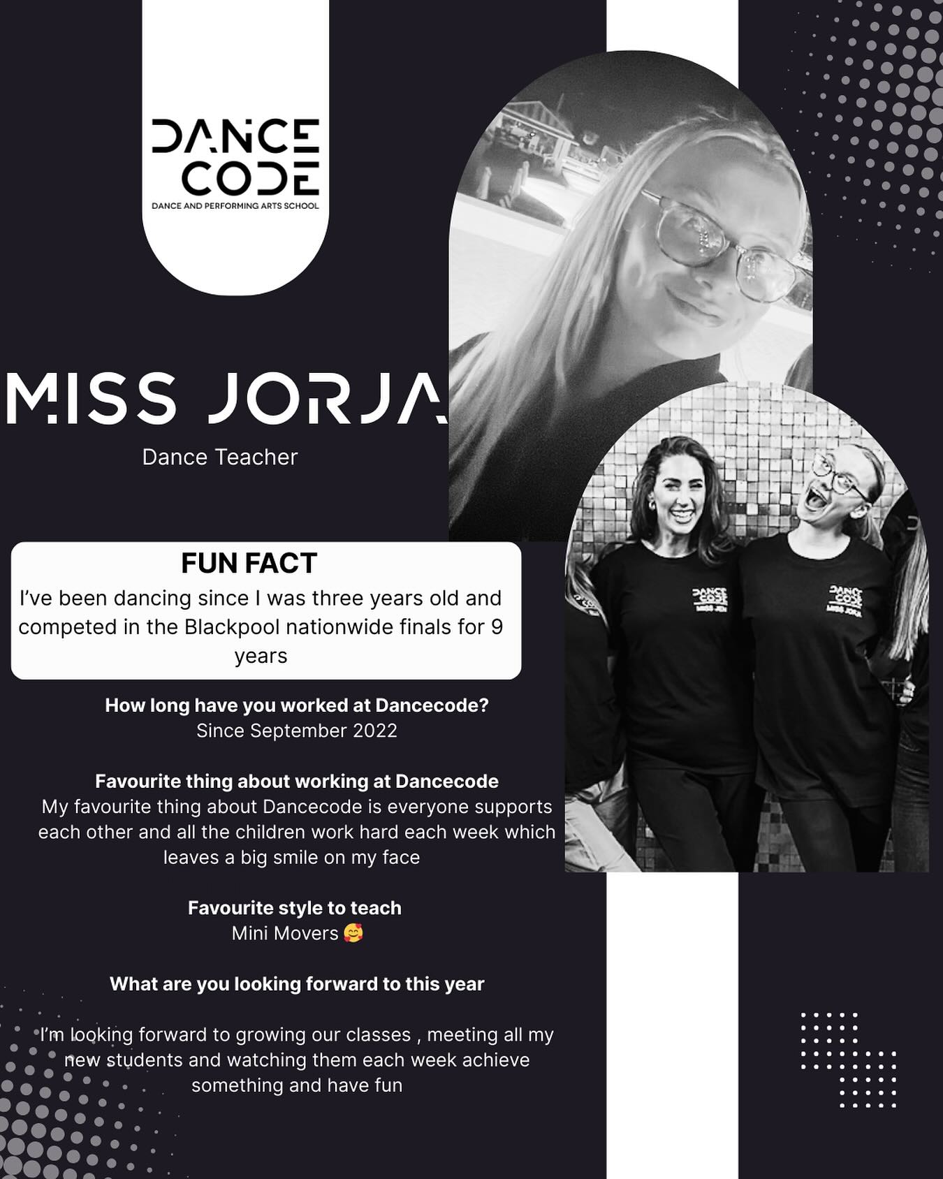 🌟 MEET MISS JORJA 🌟
Since 2022, Miss Jorja has been bringing her energy and sparkle to Dancecode ✨. She has a wonderful way of making our youngest dancers feel welcome, building their confidence, and introducing them to the joy of dance through fun, creative classes 💃🎶.
She’s a big part of helping our little stars take their very first steps on stage 🌈💛