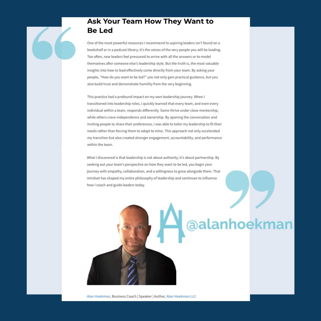 I was highlighted once more on LeadGrowDevelop in their piece about leadership tools. A straightforward tactic for leaders is to inquire from their team members about their preferred leadership style. How do you appreciate receiving constructive criticism? What is your preferred way of being acknowledged? What can I do to be the supervisor who inspires you to be eager about coming to work each day? Just ask! They will gladly share their expectations with you.
https://leadgrowdevelop.com/18-leadership-resources-that-have-impacted-business-owners/
#Featured
#LeadGrowDevelop
#BelieveInYourself
#MotivationalQuotes
#QuoteOfTheDay
#LifeStyle
#SelfImprovement
#Hustle
#Entrepreneur
#PositiveVibes
#InperationalQuotes
#ChangeYourLife
#Growth
#MotivationalReels
#GoalSetting
#Quotes