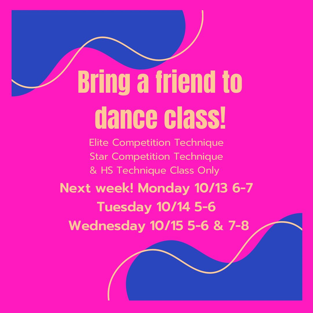 Have a friend that’s interested in joining dance?
Now’s the time to bring them!
Bring a friend to dance class is next week!
Elite Competition dancers, Star Competition dancers and High school dancers are welcome to bring a friend to technique class next week Monday 10/13 thru Wednesday 10/15!
#cadsdancer #dancelife #creativeartsdancer #getgroovin #friendswhodancetogetherstaytogether