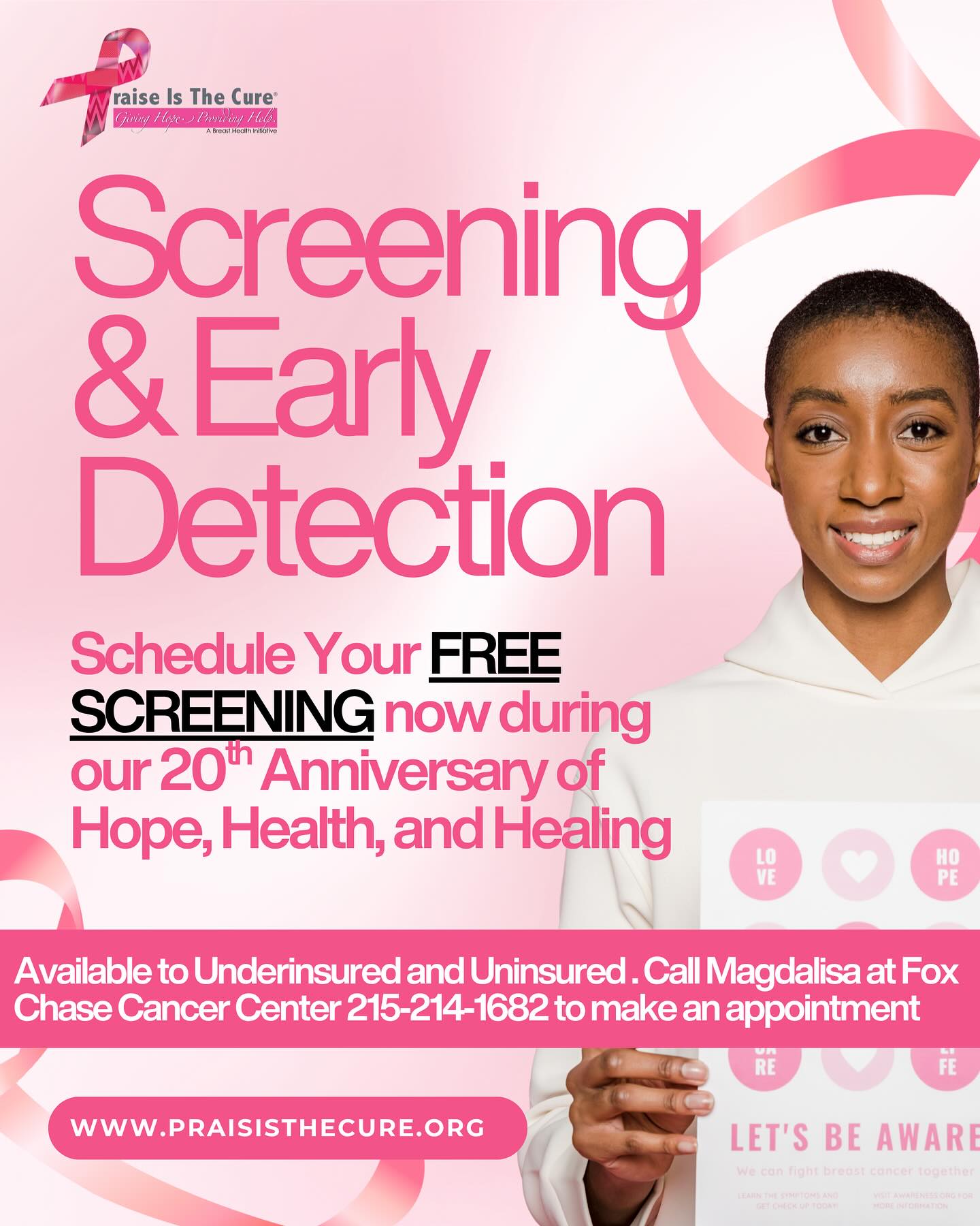 Early detection is key! Mammograms can find breast cancer early when it’s most treatable. Don’t wait, schedule your screening to take place during our 20th Anniversary Weekend of Health, Hope, and Healing by calling Magna today. Your health matters. Share this with someone who needs a reminder to book their mammogram.
💖 Mammography Screenings during our event are free and available to underinsured/uninsured (appointment required). Call Magdalisa at Fox Chase Cancer Center 215‐214‐1682 to make an appointment.
#mammogram #mammogramfree #freemammogram #breastcancerprevention #breastcancerfighter #philadelphiaevents #communityevent #praiseisthecure