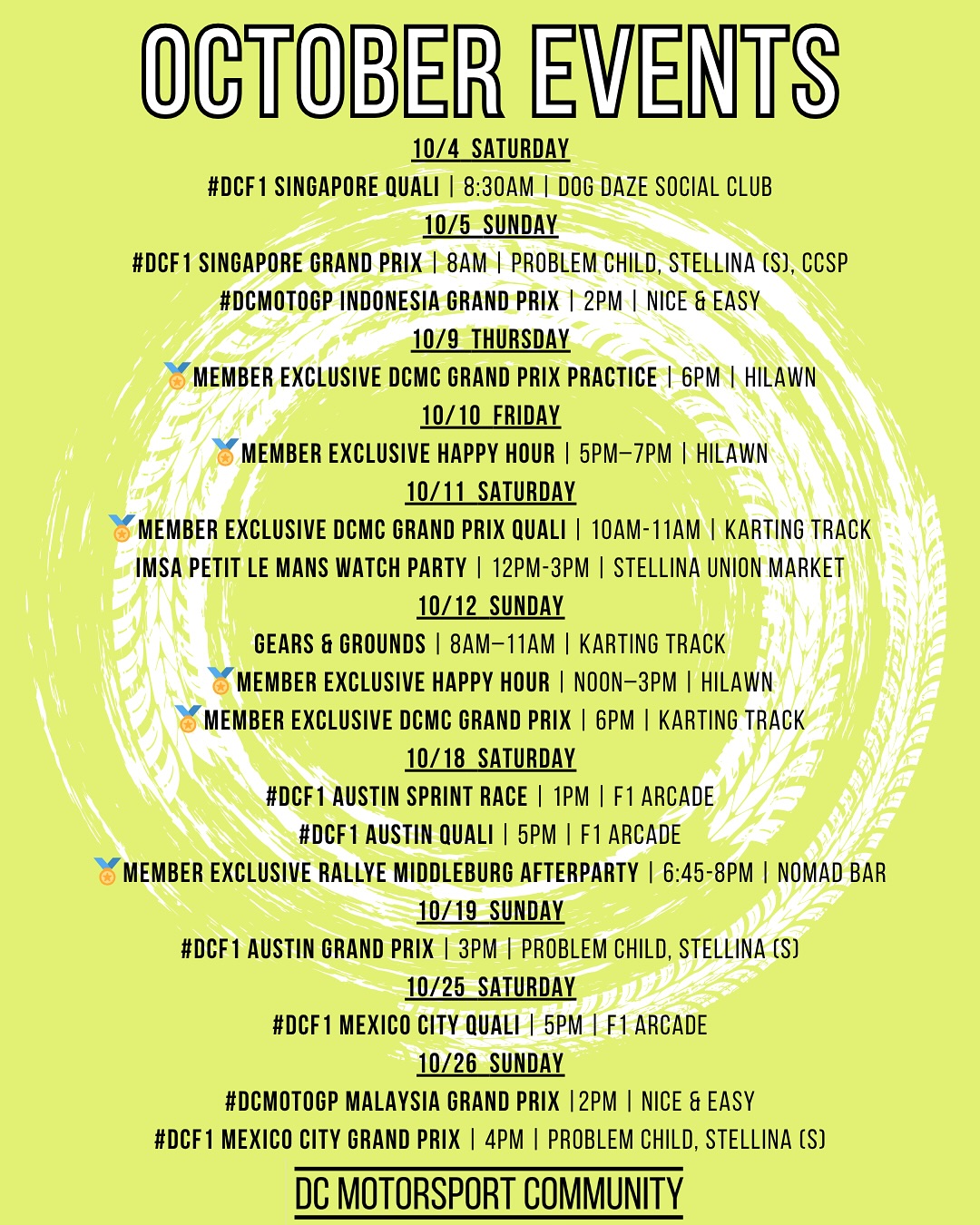 🚨We are Redlining October🚨
Immerse yourself in the motorsport season. Membership unlocks it all. We’re only getting faster.
Race The District
🏁 DCMC Grand Prix
🏁 Member Happy Hours @hilawndc
🏁 Gears & Grounds with @astonmartinofwashingtondc & @forfive ☕️
🏁IMSA Petit Le Mans Watch Party & “Circuiti si Vino” Wine Tasting @stellinapizzeria
Rallye Middleburg
🏁 Exclusive after party where DCMC members can meet the drivers, including Andretti IndyCar driver Marcus Ericsson and Formula DRIFT driver Nate Chen!! @rallyemiddleburg
And of course all the regularly programmed #DCF1 & #DCMotoGP Watch Parties! You won’t want to miss these events. Sign up for a membership today!
#RedlineOctober
#MotorsportEvents
#ExclusiveAccess
#RaceTheDistrict
#DCMotorsportCommunity
#DCMC
#MotorsportSeason
#MembershipHasItsPrivileges
#WeAreDCMC
#DCMCGrandPrix
#GearsAndGrounds
#RallyeMiddleburg
#MeetTheDrivers
#MotorsportLifestyle
#CarsBikesCoffee
#UnionMarketDistrict