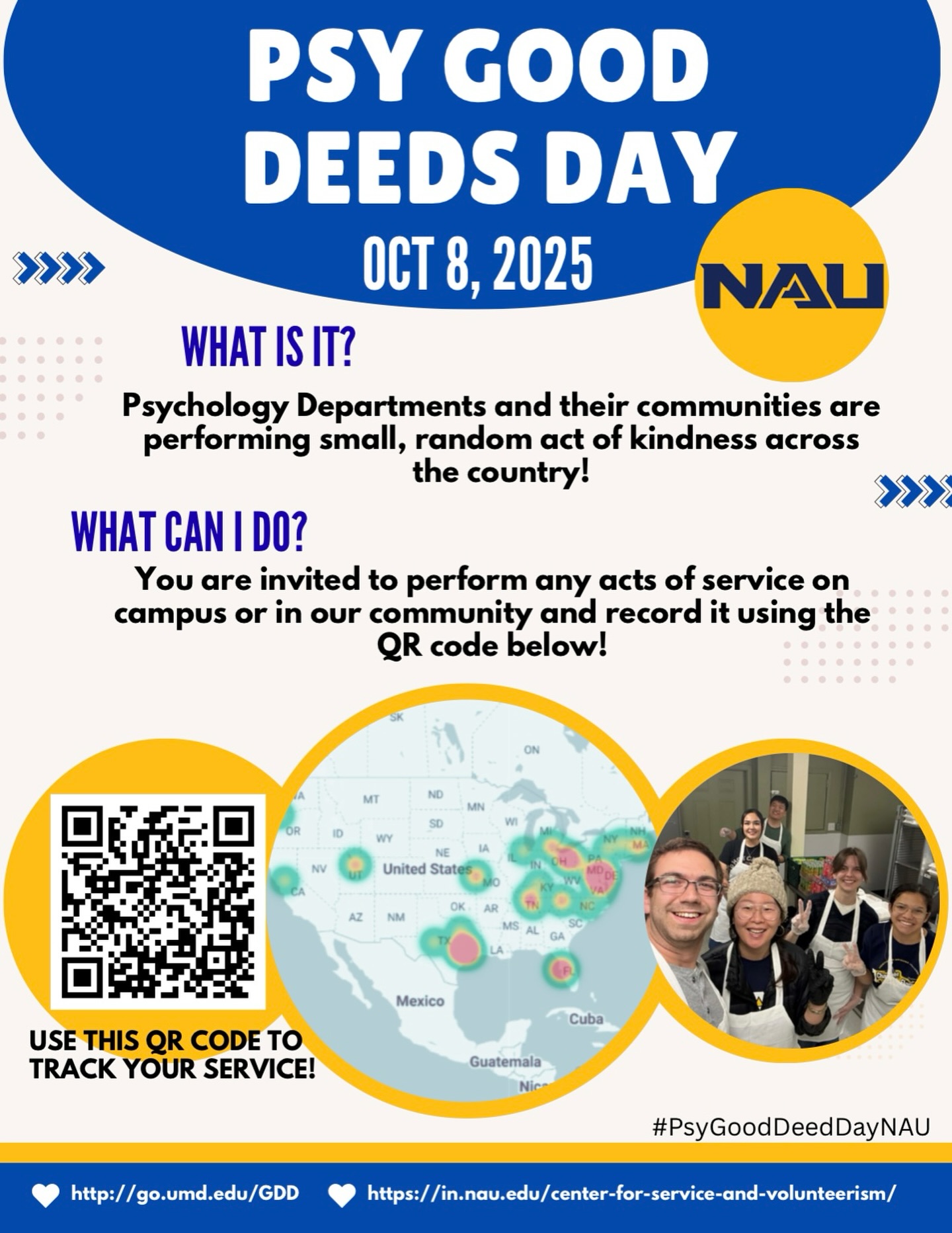 Join the NAU Psychological Sciences department in celebrating #PSYCGoodDeedDay2025 🎉 This week, we join the cause with over 90 other psychology departments to spread kindness.
Have an idea? 💡 Interested in helping out? Let us know! Comment below and post your good deed using #PSYGoodDeedDayNAU on October 8th, or any day this week. Let’s spread some Lumberjack kindness! #PSYCGoodDeedDay2025