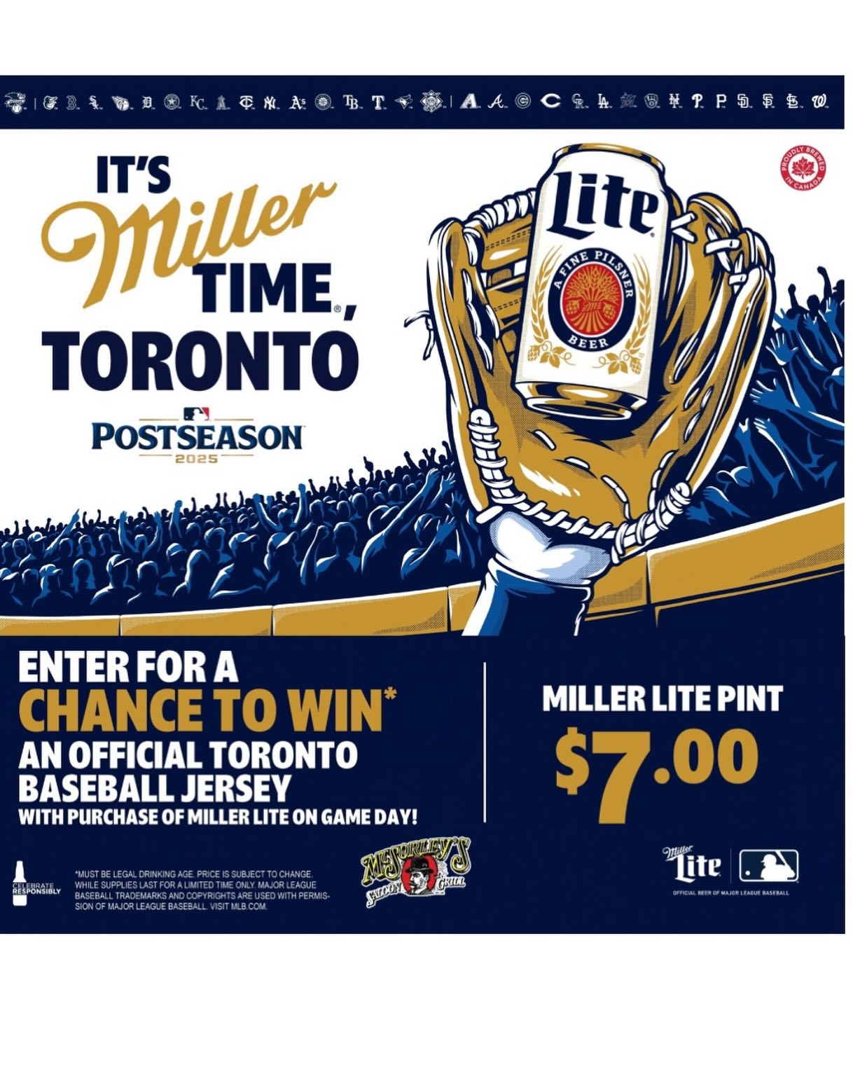 Join us for Game-Day as the Jays take on the Yankees. Enter for your chance to win 1 of 2 Official Blue Jays Jersey when you purchase a pint of Miller Lite for $7. Cheers!