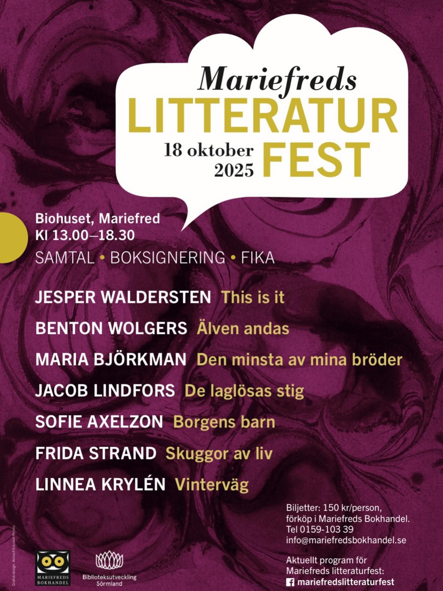 Välkommen till en efterlängtad Litteraturfest lördag 18 okt. kl.13-18.30, där jag är en av de deltagande författarna!
Det blir ett blandat program med konst, dikt, historisk roman, spänning, drama, relationer och saga. Hoppas att du är nyfiken på att lyssna till detta gäng med författare som alla bor i Strängnäs kommun.
Biljetter finns att köpa i @mariefredsbokhandel (150 kr)
Hoppas vi ses!
#litteraturfest #mariefredslitteraturfest #bokseriensläkten #borgensbarn #författarsamtal #historiskroman #jacoblindfors #mariabjörkman #jesperwaldersten #fridastrand #linneakrylen #historiskamedia