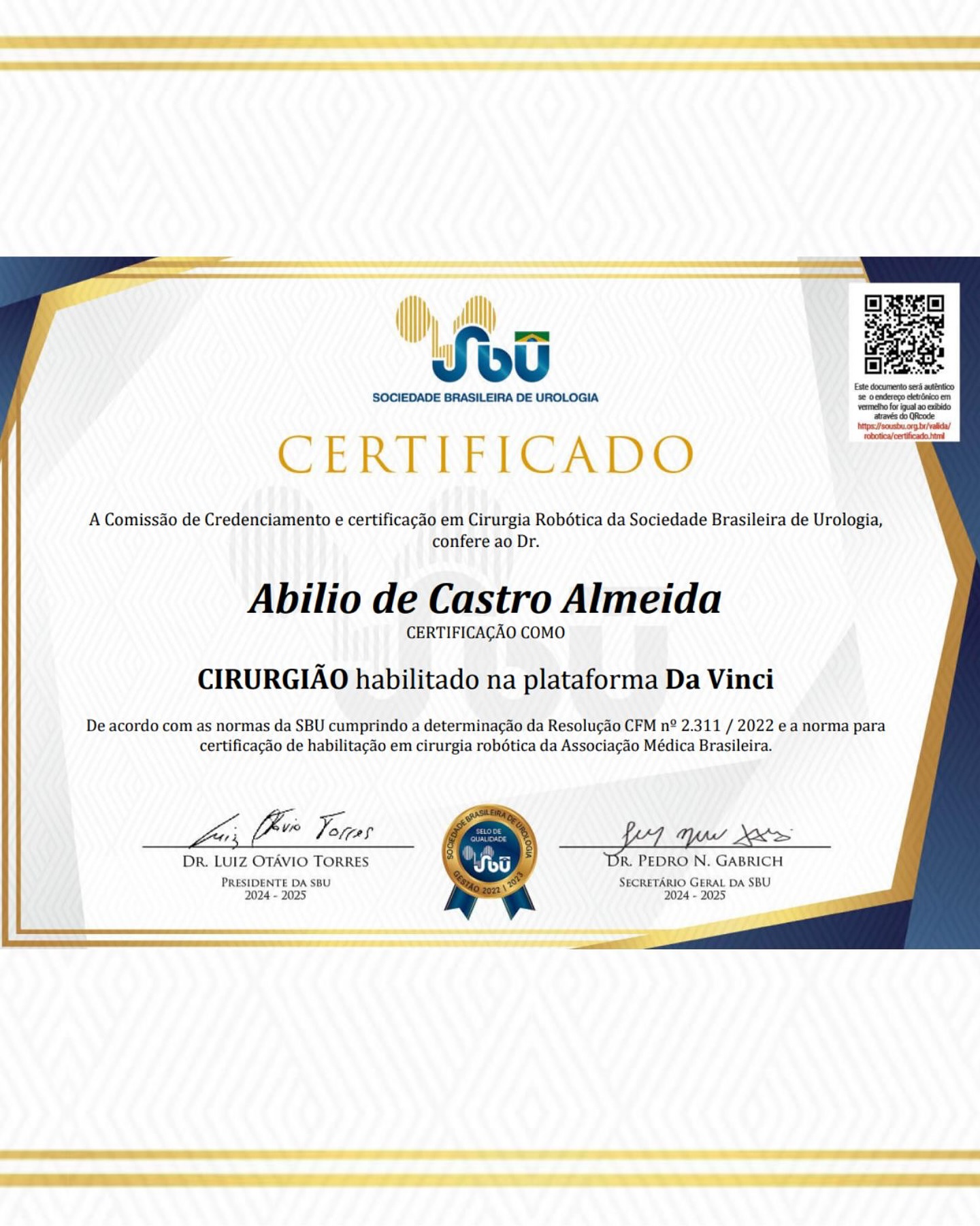 ✅ Mais uma conquista na urologia!
É com alegria que compartilho com vocês a minha certificação como Cirurgião Robótico habilitado na plataforma Da Vinci, concedida pela Sociedade Brasileira de Urologia (SBU).
Esse é um passo muito importante e representa o compromisso em oferecer aos pacientes o que há de mais moderno e seguro na área da cirurgia urológica, em conformidade com as normas da Associação Médica Brasileira e do Conselho Federal de Medicina.
A cirurgia robótica traz inúmeros benefícios, como maior precisão, recuperação mais rápida e menor tempo de internação — avanços que fazem a diferença no tratamento oncológico e em outros procedimentos complexos.
🙏 Agradeço a todos que fazem parte dessa caminhada.
#CirurgiaRobótica #Urologia #SociedadeBrasileiraDeUrologia #DaVinci #CirurgiaMinimamenteInvasiva #OncologiaUrológica