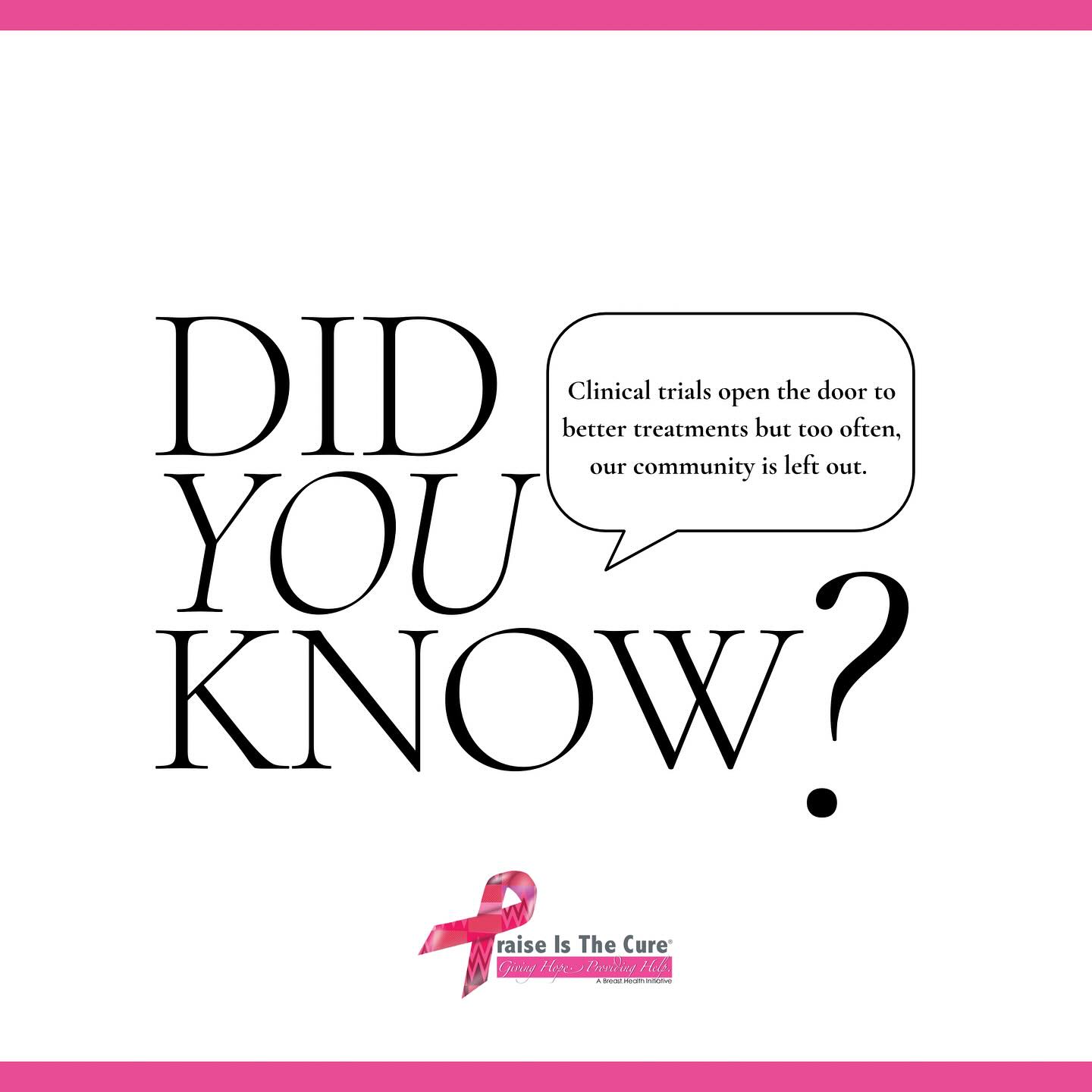 Clinical trials open the door to better treatments but too often, our community is left out. Your participation matters. Learn, ask questions, and empower yourself with knowledge. Visit https://pubmed.ncbi.nlm.nih.gov/37314691/ to read a 2024 study about Increasing Clinical Trial Participation of Black Women Diagnosed with Breast Cancer.
#breastcancerawarenessmonth #breastcancersupport #breastcancerstudies #clinicaltrials #clinicaltrialsawareness #breastcancerwarrior #breastcancerfighter