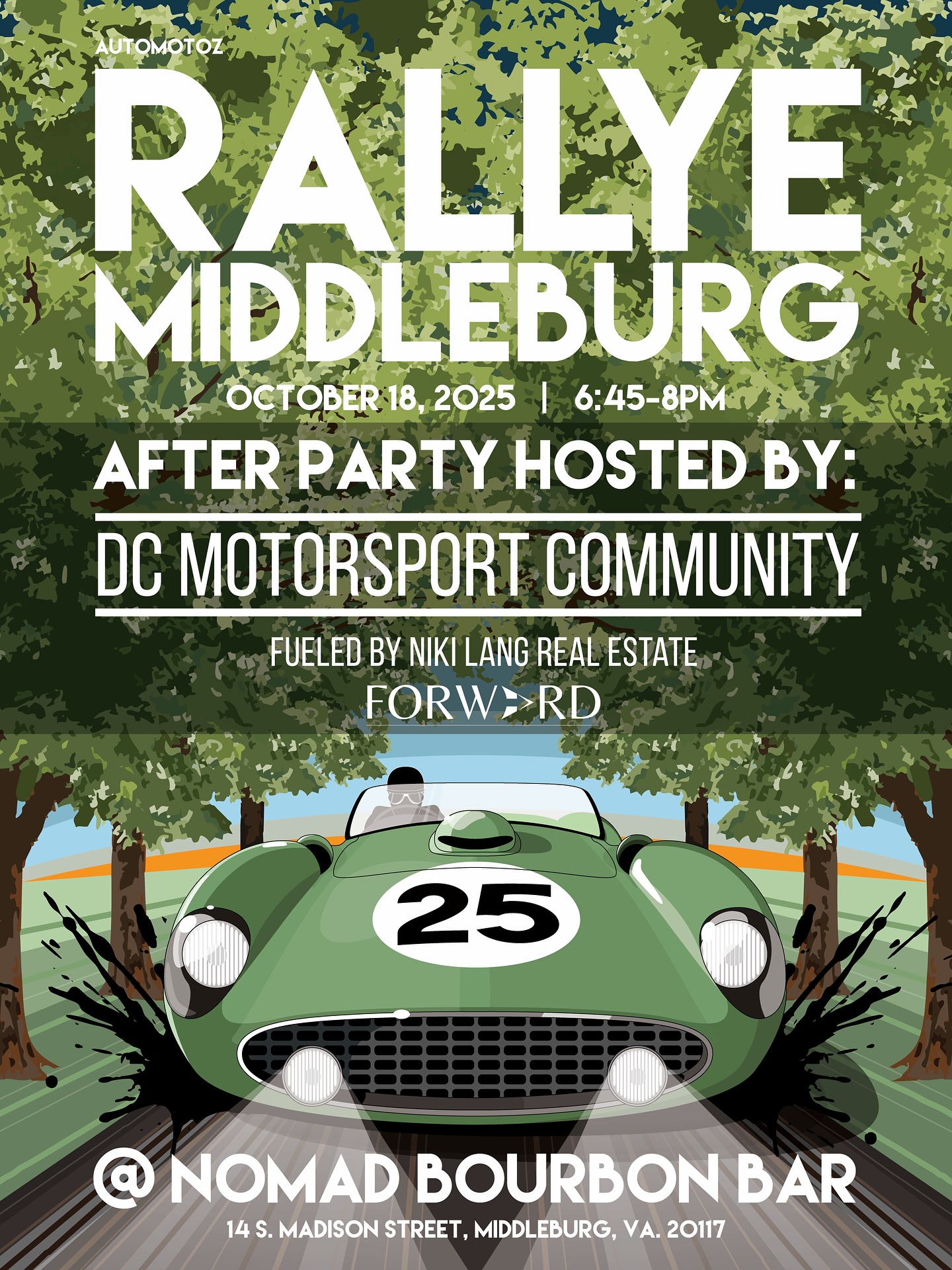 Rallye Middleburg + DCMC Exclusive After Party
Mark your calendars for Saturday, October 18, 2025 — Rallye Middleburg returns! This one-of-a-kind event brings together classic, exotic, and collector cars for a stunning showcase through Virginia’s scenic horse country. It’s a celebration of motoring heritage, style, and community unlike anything else in the region.
But the excitement doesn’t stop when the rally ends. The DC Motorsport Community invites members to an exclusive after party at Nomad Bourbon Bar from 6:45–8 PM.
This private gathering is your chance to:
🏁Meet the drivers and hear their stories firsthand, including Andretti IndyCar driver Marcus Ericsson!!
🏁Formula DRIFT driver Nate Chen will share his drift secrets and show the Formula Drift Pro season finale at the historic Long Beach Grand Prix circuit
🏁Connect with fellow motorsport enthusiasts in an intimate setting.
Toast the day with craft bourbon and great company
Fueled by Niki Lang Real Estate and FORWRD, the after party is the perfect way to close out an unforgettable day in Middleburg.
Join our membership today to get the most out of our exclusive events!
> > Link in Bio < <