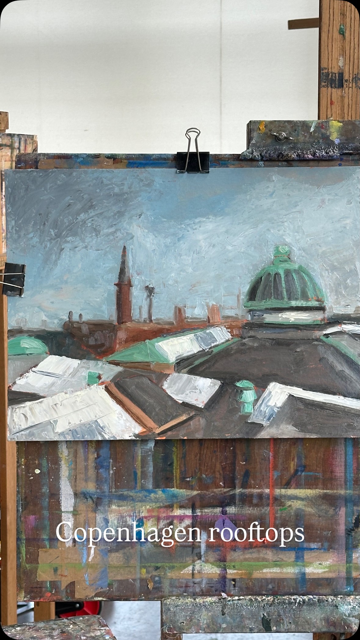 Another fun day @academiearendonk painting my favorite city. Thick paint, big shapes. #cityscape #oilpainting #artstudent #paintingprocess #workinprogress #copenhagen #glyptoteket #loveart #localartist