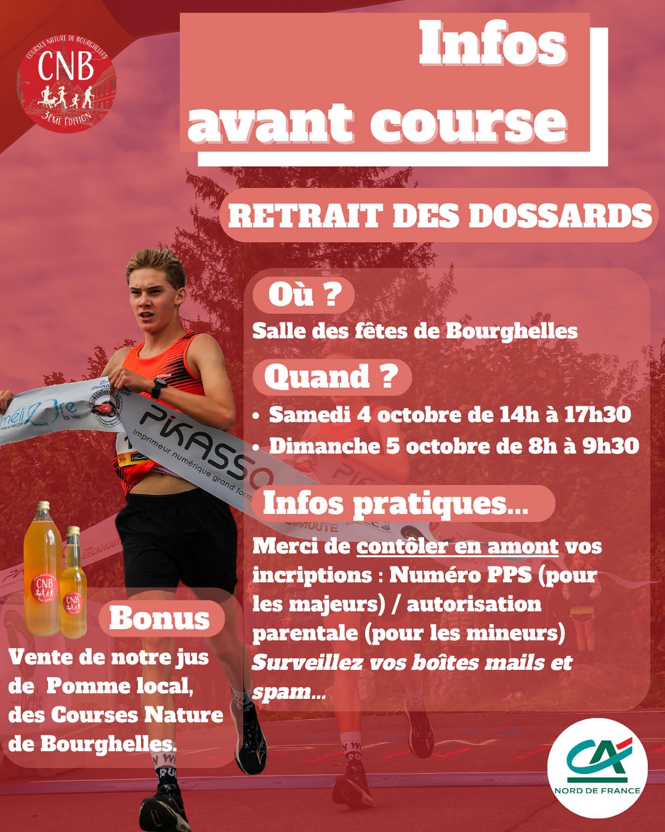 J-2 ‼️
Voici à nouveau quelques informations importantes avant le top départ de ce dimanche !
Nous avons hâte de vous accueillir sous une météo qui est annoncée comme ensoleillée ☀️
#coursesnaturebourghelles #event #courseàpied #run