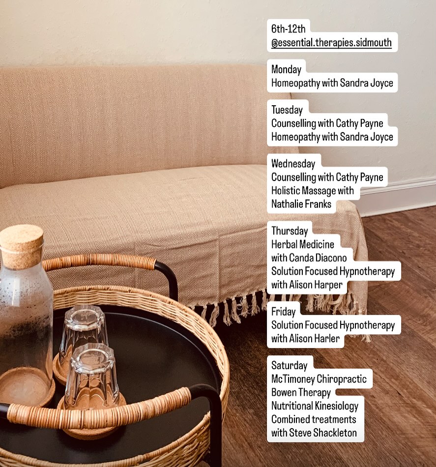 Appointments available this week at Essential Therapies.
Please check out our website and contact your chosen therapist directly to book your appointment.
🌿October offer
Receive £10 off the first 3 Solution Focused Hypnotherapy sessions you book with Alison Harper.
www.essential-therapies.co.uk
#alternativedevon #naturalmedicine #devontreatments #sidmouth #thingstodoindevon #thingstodoinsidmouth #treatmentroom