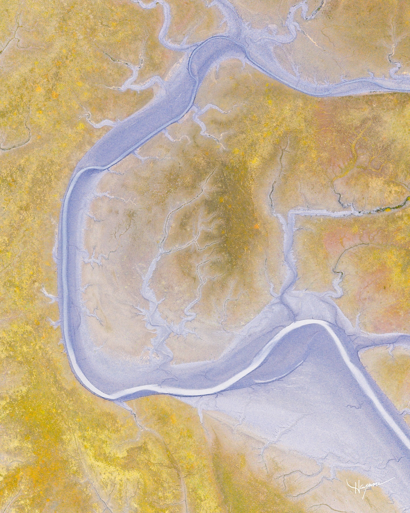 Many tens of miles long, this coastal inlet and shallow tides create an environment where grasslands can flourish along the glacial fed rivers. In Autumn the vegetation turns golden yellow, offsetting to Blueish-gray minerals in the clay as they meander from the hills to the ocean.