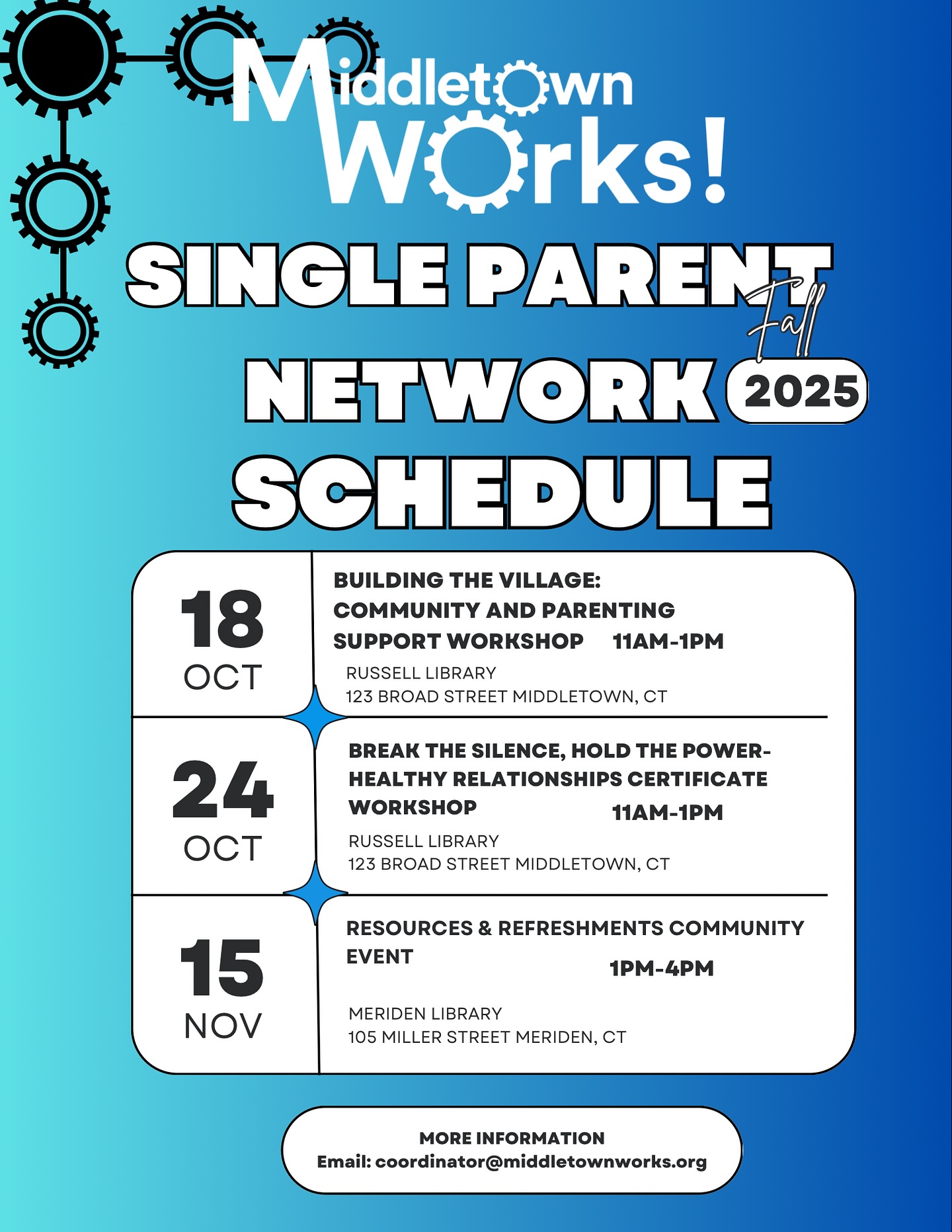 ‼️This Just In ‼️
@middletownworksct #SibgleParentNetwork will be @meridenlibrary Saturday, 11/15…sharing resources for #SingleParentFamilies! This is your opportunity to get connected!!
.
.
#SingleParents #BIPOCFamilies #WorkforceDevelopment #CareerNavigation #MiddletownCT #MeridenCT