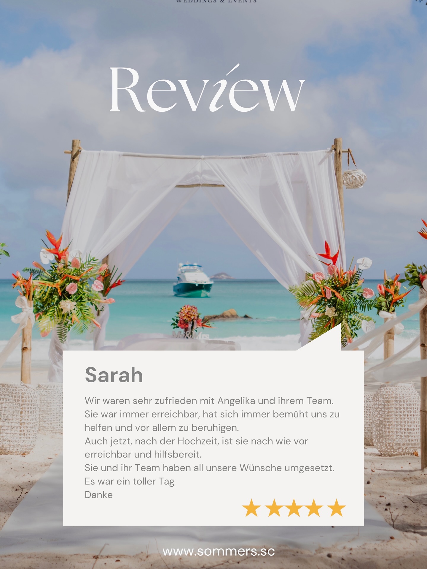 Wir freuen uns riesig über eine weitere wundervolle 5-Sterne Bewertung ⭐️⭐️⭐️⭐️⭐️
Vielen herzlichen Dank für das Vertrauen – es bedeutet uns unglaublich viel, dass unsere Paare unsere Arbeit so sehr schätzen und lieben.
Jede Hochzeit ist einzigartig und wir geben unser Herz hinein, um euren besonderen Tag unvergesslich zu machen. 🏝️💍
Danke an all unsere wundervollen Kunden – ihr seid der Grund, warum wir tun, was wir lieben 🌺