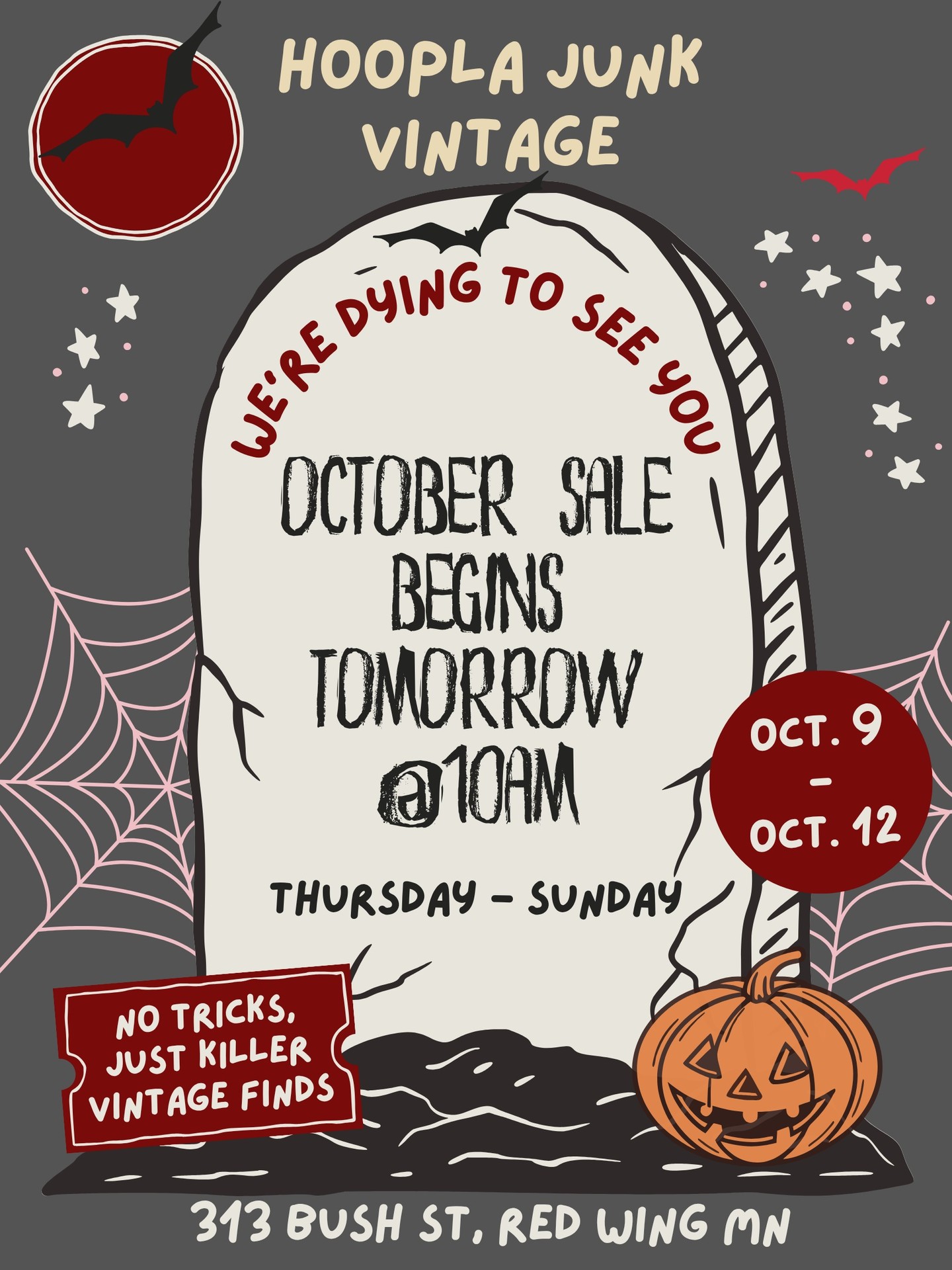 🎃 CREEP it real, our vintage sale starts TOMORROW! Join us this weekend for the Red Wing Arts Fall Festival too from Saturday-Sunday! #redwingmn #redwing #redwingartfestival #mnvintage #shoplocally