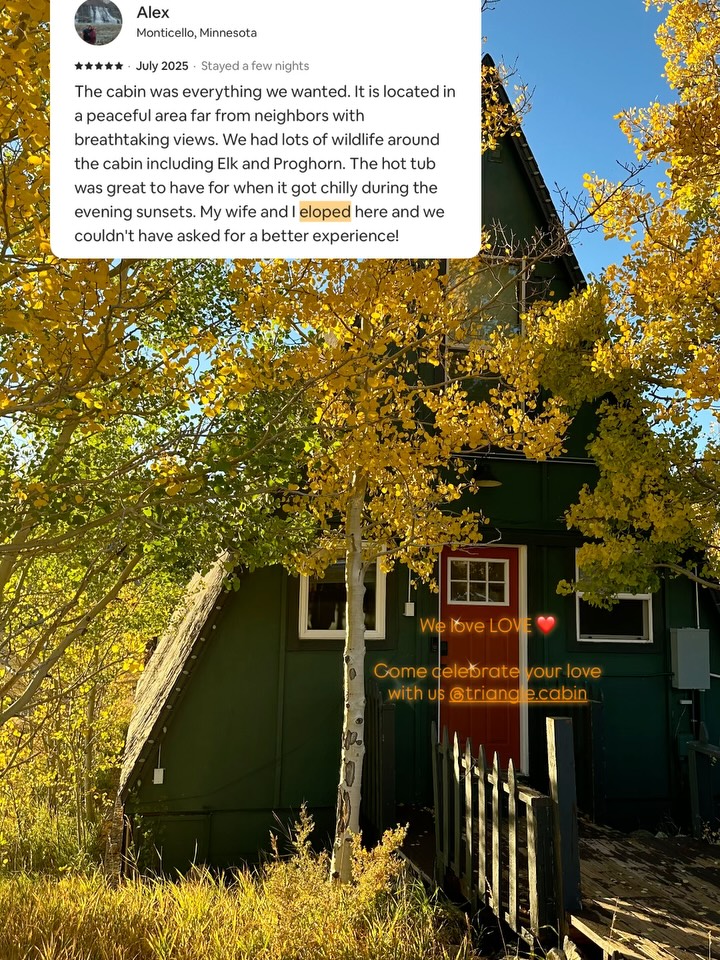 We love LOVE - Love looks even brighter under those Colorado skies🤍 celebrate your forever at the Triangle Cabin — the perfect Aframe hideaway for cozy elopements, anniversaries, and just-married magic ✨
#aframecabin #trianglecabin #coloradocabin #coloradoelopement #cabinlove #mountainelopement #cozycabin #coloradowedding #cabingetaway #cabinlife #romanticescape #aframecabins #fallincolorado #mountainlove #cozycabinvibes #couplesretreat #elopementinspo #coloradotravel #visitcolorado