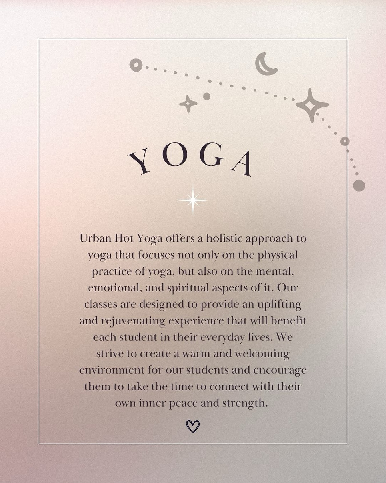 As we come closer to our 4 year anniversary, we want to celebrate the elements that make Urban the special place it is.
Yoga is something you take outside those four walls into your everyday life. It’s practicing presence, poise, & persistence in a controlled environment, to then take it out into the unpredictable world.
We are grateful for those of you that show up day in and day out, to face yourself in the heat. You are warriors, you are supported by your tribe.
We love you UHY community. Thank you for 4 incredible years! 💝🥳