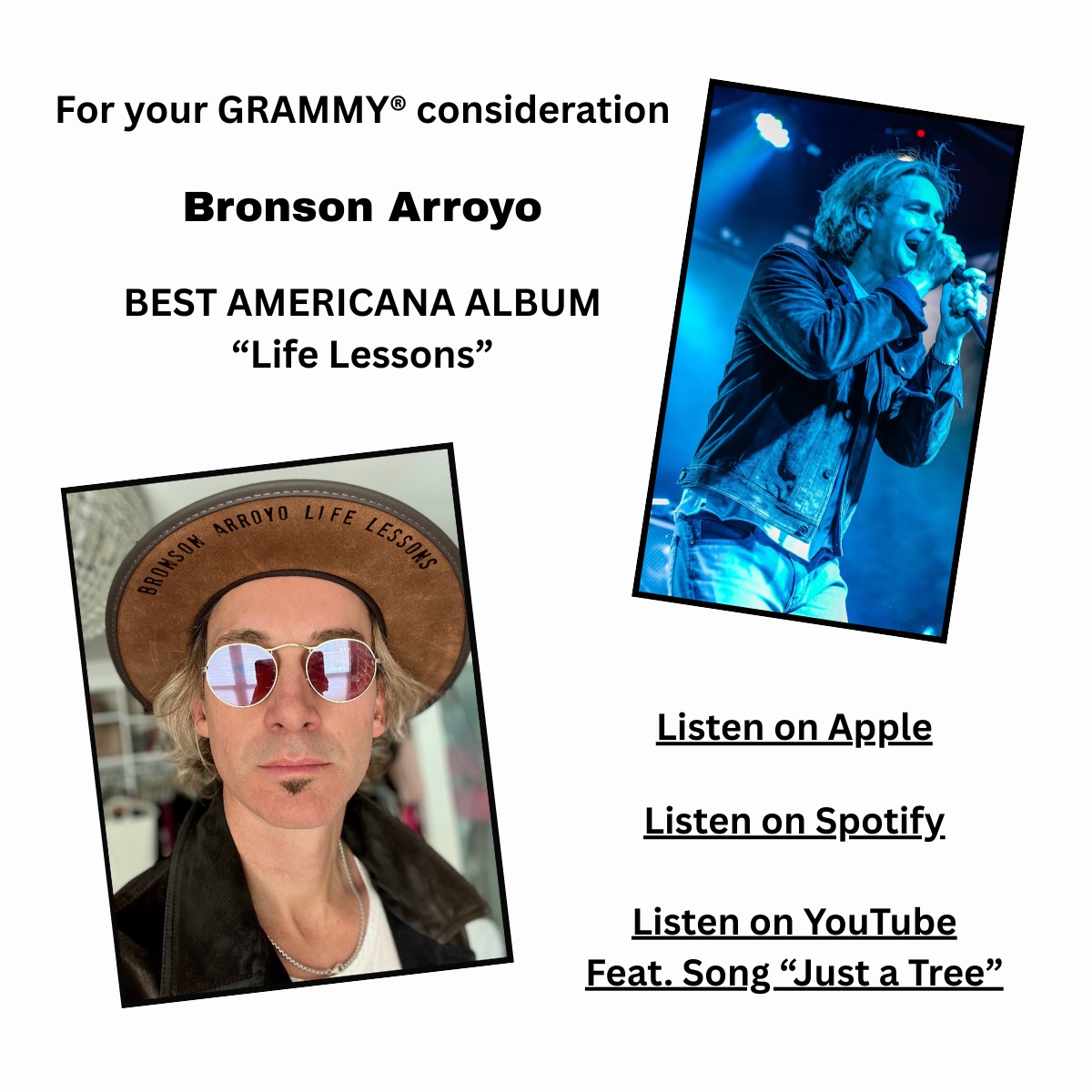 Attn: Recording Academy friends! Voting starts today!
I am presenting an album I co-produced & mixed for Bronson Arroyo. It's on the ballot for BEST AMERICANA ALBUM.
After a successful MLB career and World Series Champion, Bronson Arroyo makes a statement with his debut original solo artist album "Life Lessons". This project features 8 songs inspired by some of his most cherished personal life stories.
Artist: Bronson Arroyo
Album: Life Lessons
Category: Best Americana Album
Maybe start with previewing the single “Just a Tree”.