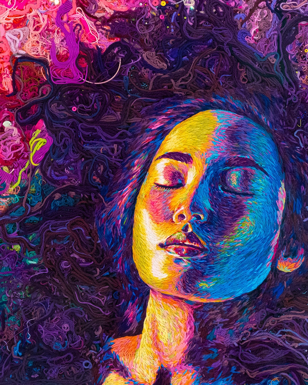 Nothing like a scouring through old folders after of a harddrive crash to stir up the feelings.
Stumbling onto this piece, my first embroidery and girl dust combination, makes me so happy. Sleeping With 5 Cats was titled after an inside moment in the chemo ward between my mother and me while she was in treatment for breast cancer in 2023. Later it was exhibited, and bought by a collector who is a scientist, working on treatments for cancer and other diseases (I I know I’m oversimplifying it a bit here LQ!). My mother is currently cancer-free, and I can’t help but feel the magic in connections.
#embroideryportrait #girldust #thread #fibreart #textileart #portrait