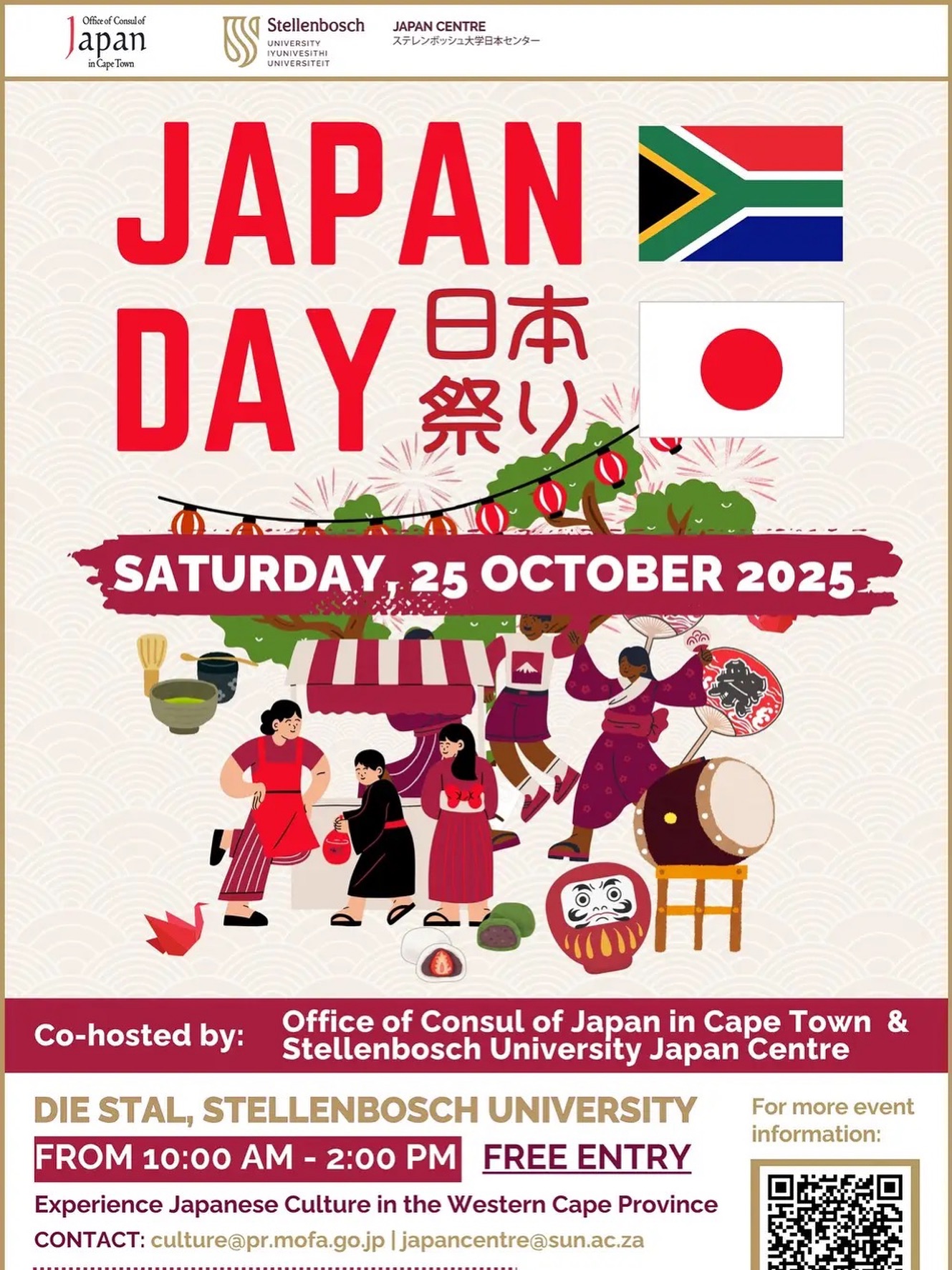 ๐ฏ๐ตโจ 1 2 t h J a p a n D a y โจ๐ฏ๐ต
Youโve all been waiting patiently, and itโs finally time for the annual Japan Day Festival, hosted by the Office of the Consul of Japan in Cape Town and @sujapancentre!
When: 25 October | 10:00โ14:00
Where: Die Stal, Stellenbosch University, Cape Town
๐ Ticketed Free Entry
From traditional arts and performances to hands-on workshops in origami, sumi-e, ikebana, and more, itโs a wonderful way to experience the heart of Japan right here in South Africa.
While Nihongo no Niwa wonโt be attending this year (weโll be in Japan during that time ๐ฏ๐ตโ๏ธ), we truly encourage everyone to visit and enjoy this beautiful cultural event.
Event details: https://qkt.io/KQC32H
#JapanDay #JapanDayCapeTown #JapanDayCT #JapaneseCulture #JapaneseFestival #StellenboschUniversity #CulturalEvent #NihongoNoNiwa