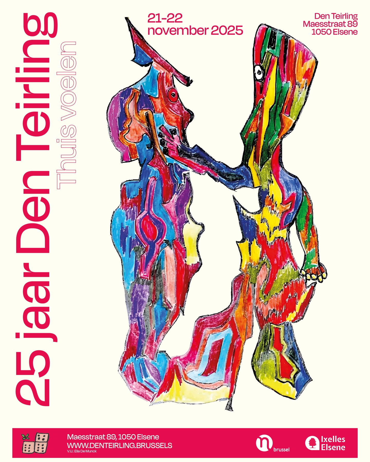 🎉 25 jaar Den Teirling – Save the Date 🎉
In 2025 bestaat Den Teirling 25 jaar 🥳
Dat vieren we met een groot jubileumfestival op vrijdag 21 & zaterdag 22 november 2025 in Den Teirling 📍
✨ Het thema van dit feestjaar: Thuisvoelen 🏠
Wat betekent het om je thuis te voelen in een stad die altijd in beweging is? 🌆
💡 Samen met kunstenaar Wouter Krokaert en CIVA doken onze leden in vragen rond ruimte, stad en architectuur.
🤝 Met studenten sociaal werk van Odisee Hogeschool en Erasmushogeschool Brussel gingen we in werkgroepen op zoek naar nieuwe ideeën over inclusie, verbondenheid en solidariteit.
Tijdens het festival brengen we dit alles samen 👉 expo’s 🖼️, gesprekken 💬, muziek 🎶, een feestelijk diner 🍽️ en natuurlijk een groot feest 🪩!
📅 Noteer de datum alvast in je agenda: 21 & 22 november 2025 – Den Teirling, Brussel
Meer info volgt snel! 🔔
Met dank aan de steun van de VGC en Elsene Cultuur 🙏💛
#25jaardenteirling #thuisvoelen #brussel #feest #jubileumfestival