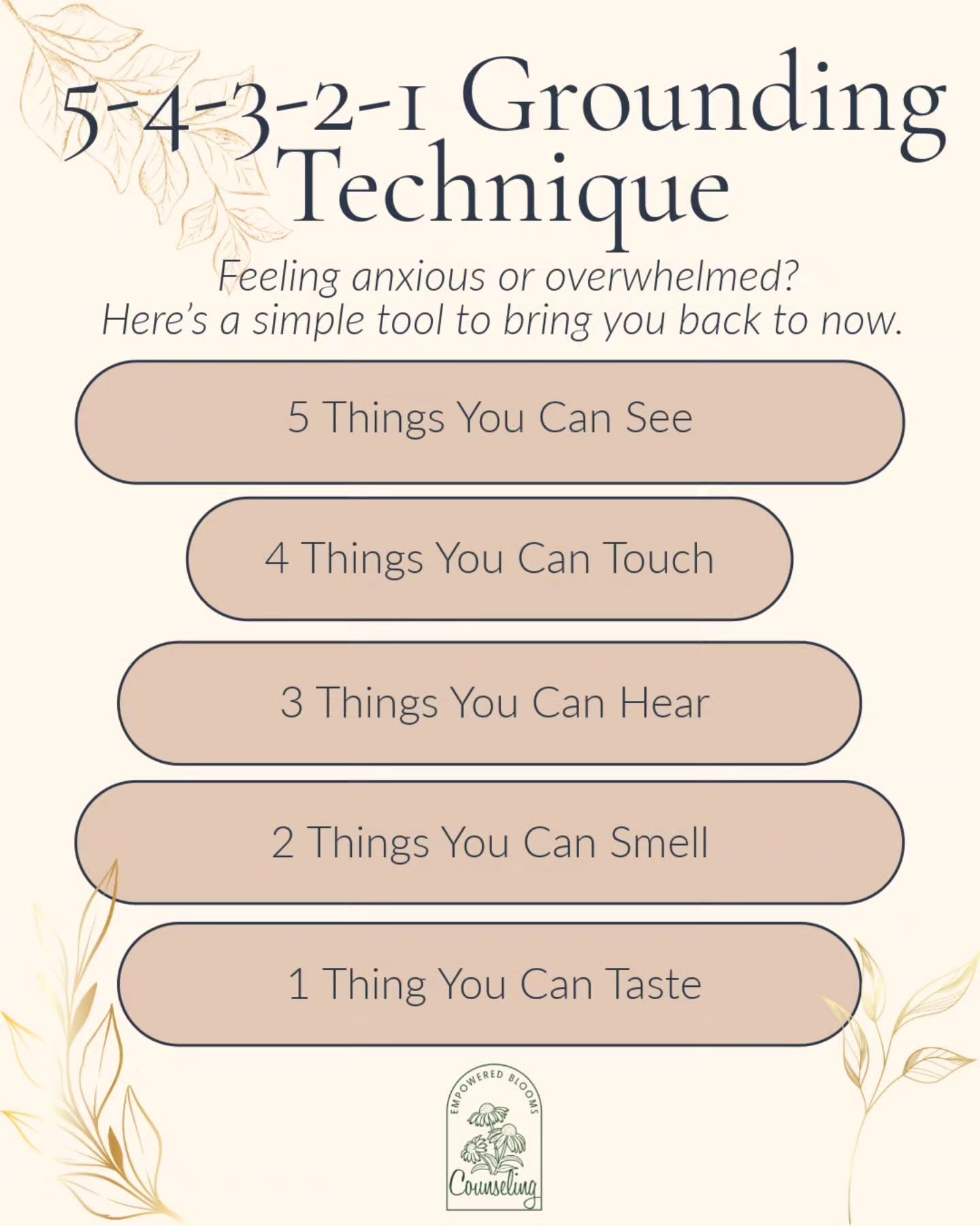 When anxiety takes over, it can feel like your mind is racing a million miles a minute.
The 5-4-3-2-1 grounding technique is a simple, evidence-based tool that helps calm your nervous system by bringing your attention back to your senses — and to the present moment. 🌿
Try it next time you feel overwhelmed:
5 things you can see
4 things you can touch
3 things you can hear
2 things you can smell
1 thing you can taste
Take a slow, deep breath. You are here, and you are safe. 💛
✨ Save this for later and tag a friend who could use a calming reminder today.
#MentalHealthMonday #GroundingTechnique #AnxietyRelief #MindfulnessTools #CopingSkills #TraumaInformed #EmpowermentBasedTherapy #AnxietySupport #CBTTools #TherapistTips #MentalHealthAwareness #YouAreHere #EmpoweredBloomCounseling